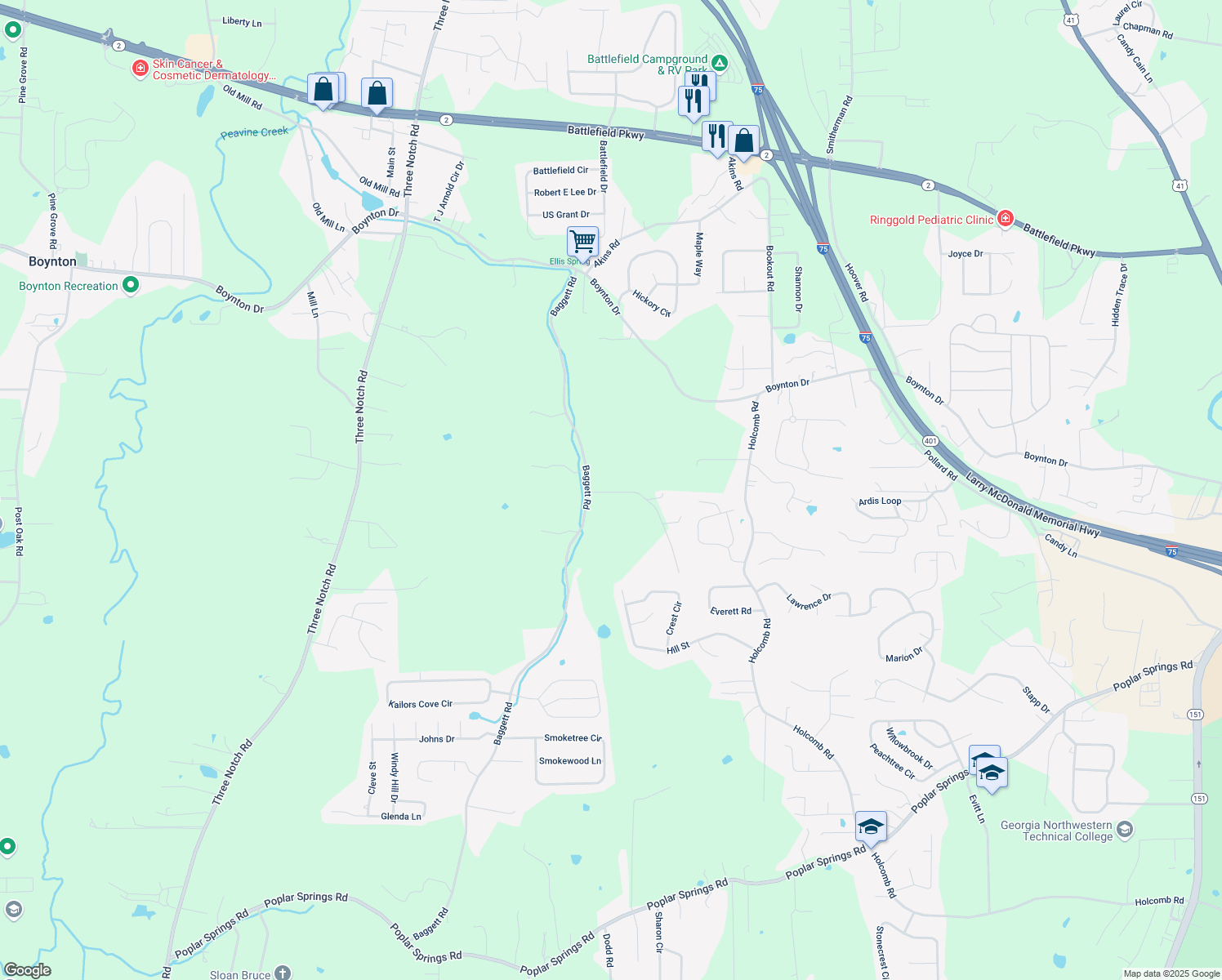 map of restaurants, bars, coffee shops, grocery stores, and more near 98 Chambers Lane in Ringgold