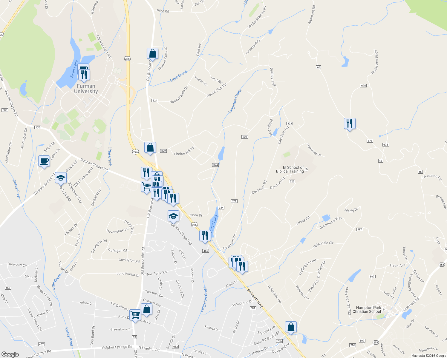 map of restaurants, bars, coffee shops, grocery stores, and more near 1314 North Parker Road in Greenville