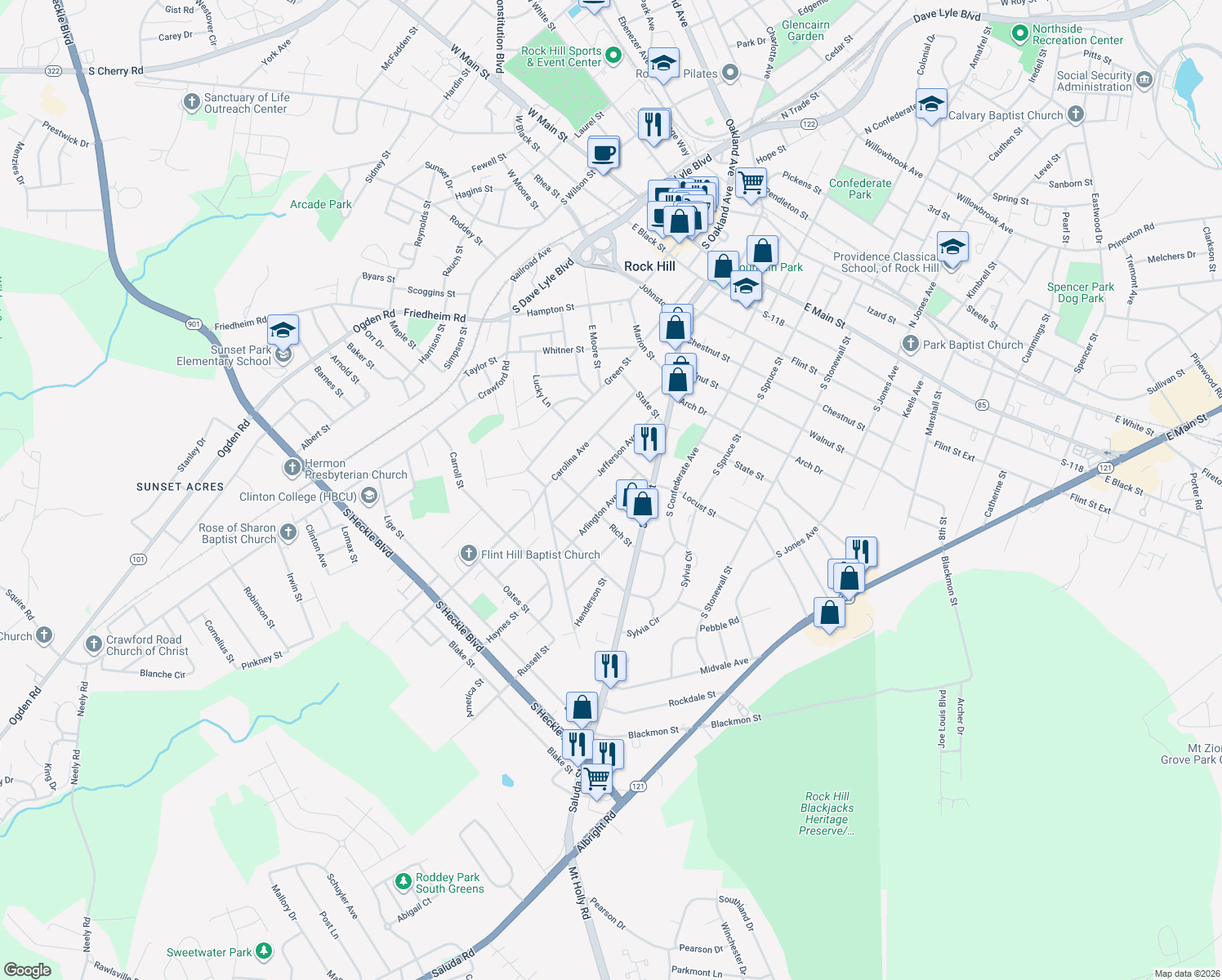 map of restaurants, bars, coffee shops, grocery stores, and more near 840 Arlington Avenue in Rock Hill