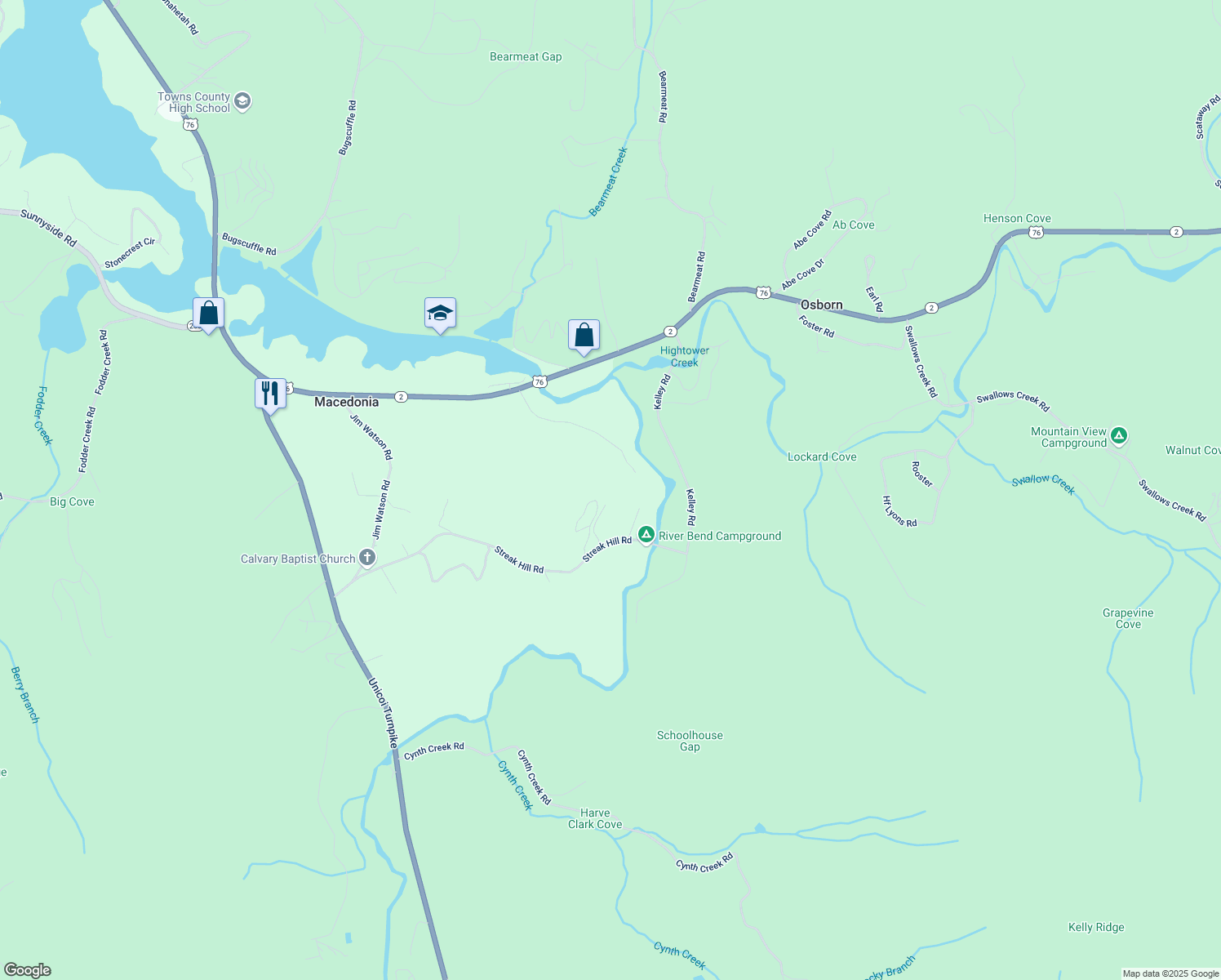 map of restaurants, bars, coffee shops, grocery stores, and more near 2462 Oak Knoll Drive in Hiawassee