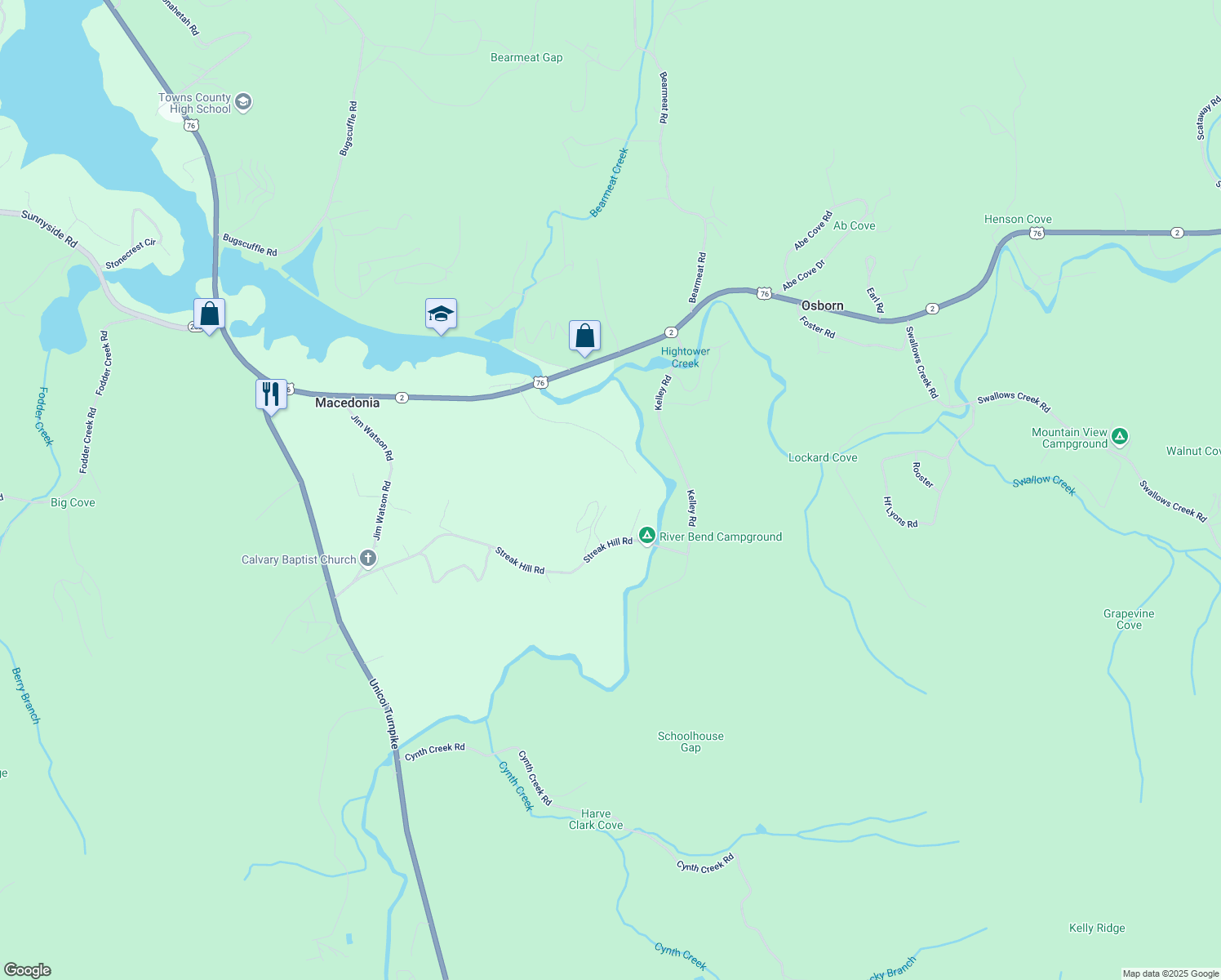 map of restaurants, bars, coffee shops, grocery stores, and more near 2462 Oak Knoll Drive in Hiawassee