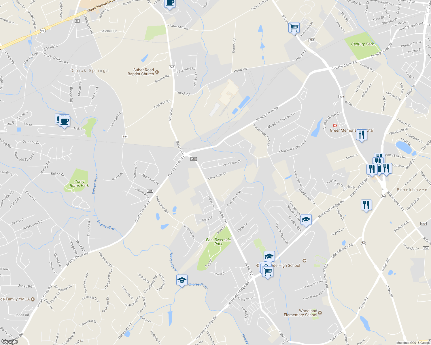 map of restaurants, bars, coffee shops, grocery stores, and more near 907 Lamp Light Drive in Greer