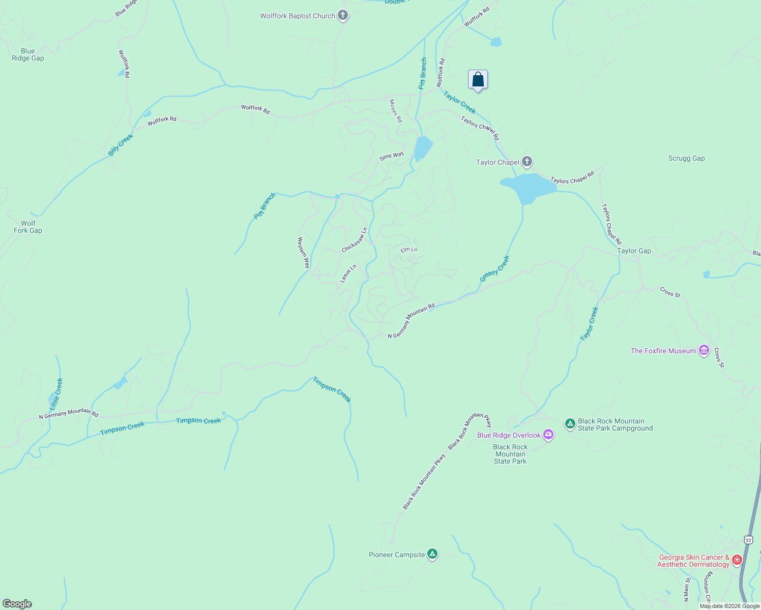 map of restaurants, bars, coffee shops, grocery stores, and more near 140 Ivy Trail in Rabun Gap