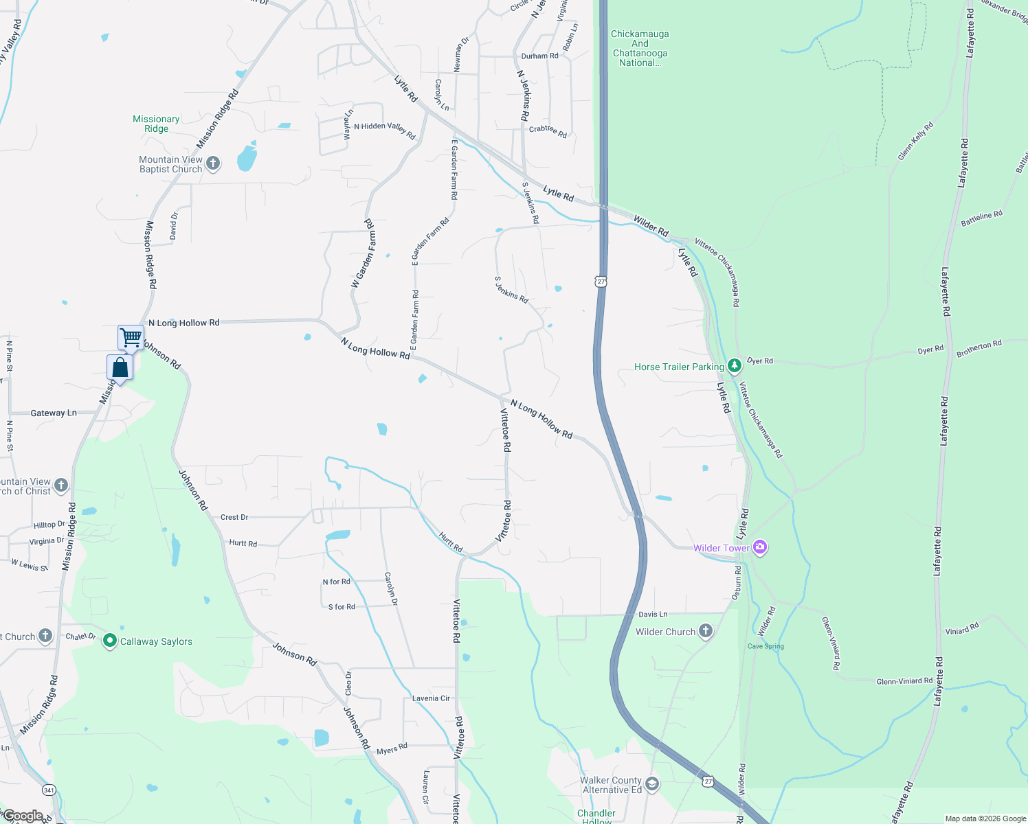 map of restaurants, bars, coffee shops, grocery stores, and more near 1045 North Long Hollow Road in Chickamauga