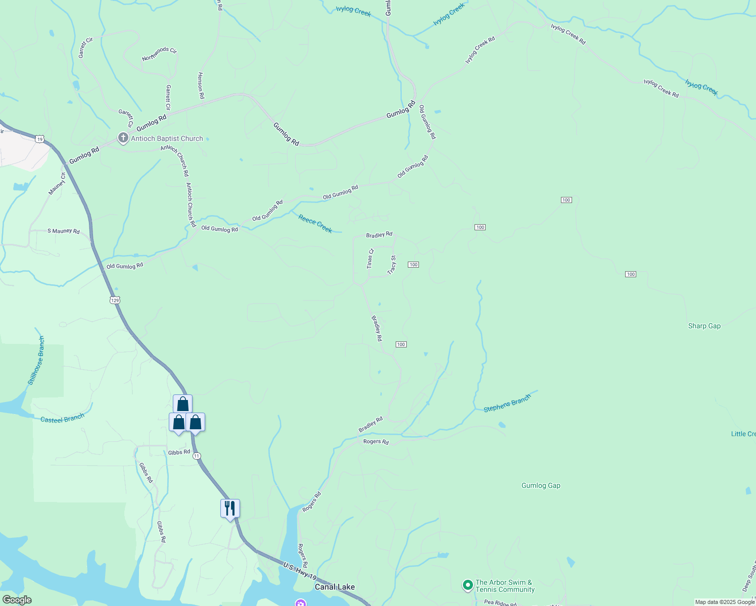 map of restaurants, bars, coffee shops, grocery stores, and more near Bessie Lane in Blairsville