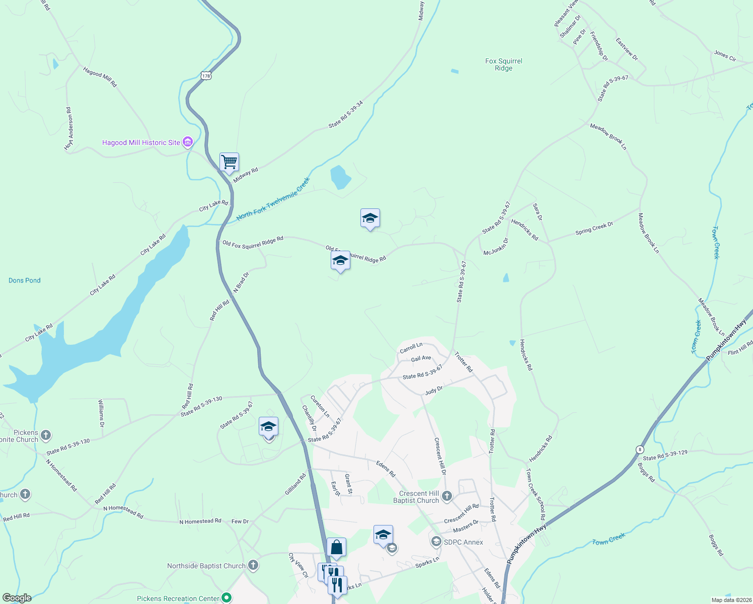 map of restaurants, bars, coffee shops, grocery stores, and more near 170 Squire Avenue in Pickens