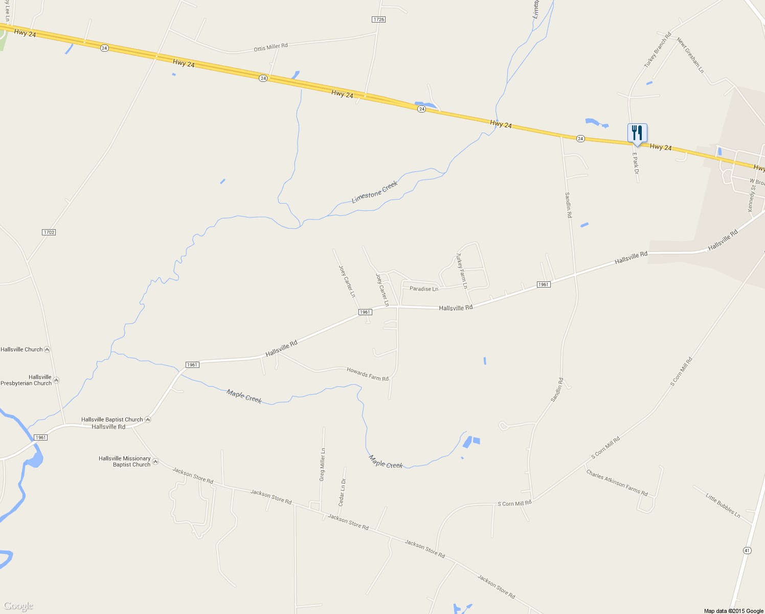 map of restaurants, bars, coffee shops, grocery stores, and more near 993 Hallsville Road in Beulaville