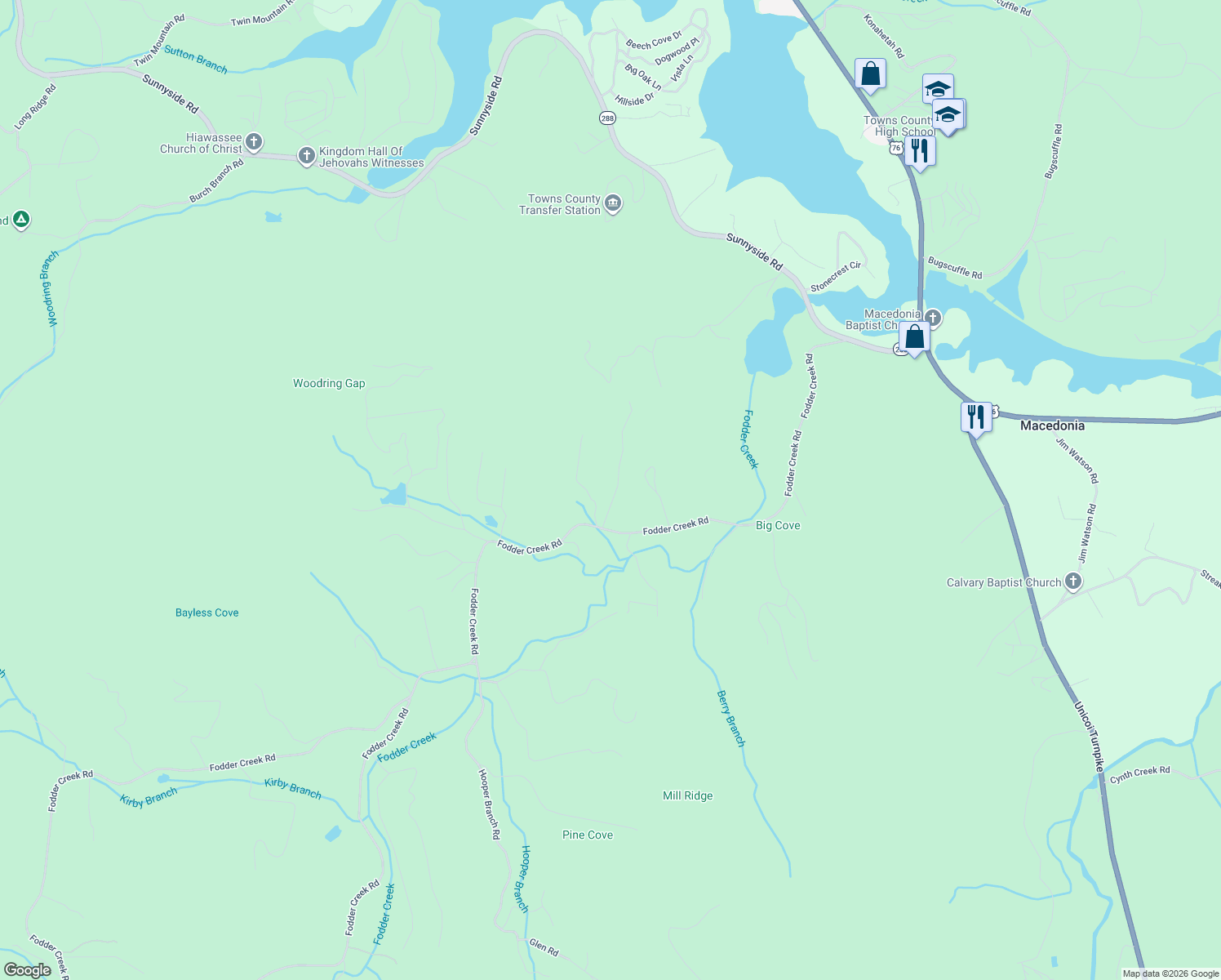 map of restaurants, bars, coffee shops, grocery stores, and more near 2351 Haven Heights Road in Hiawassee