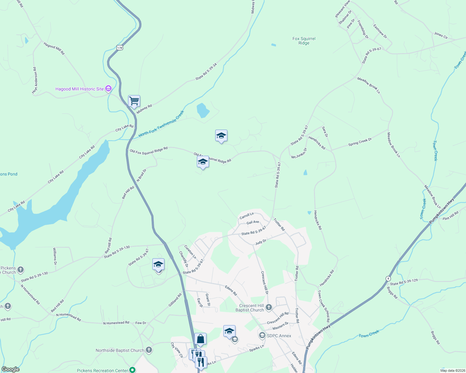 map of restaurants, bars, coffee shops, grocery stores, and more near 170 Squire Avenue in Pickens