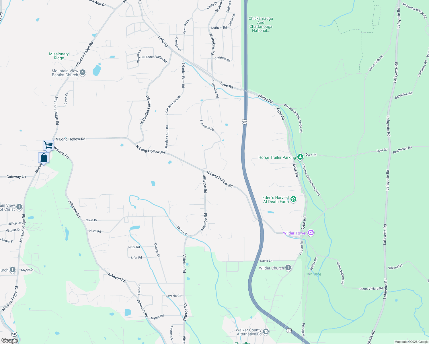 map of restaurants, bars, coffee shops, grocery stores, and more near 990 North Long Hollow Road in Chickamauga