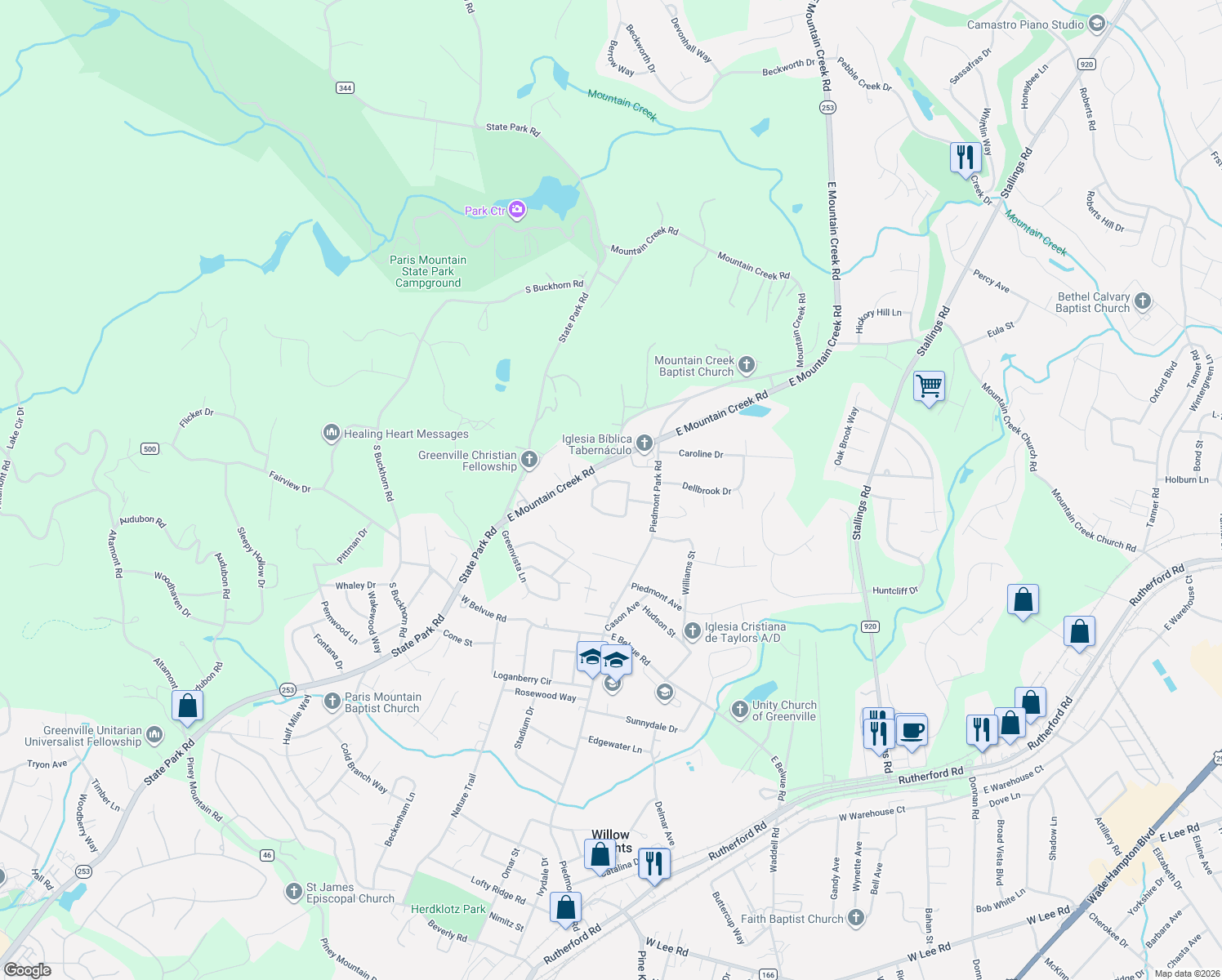 map of restaurants, bars, coffee shops, grocery stores, and more near 45 Mountain View Circle in Greenville