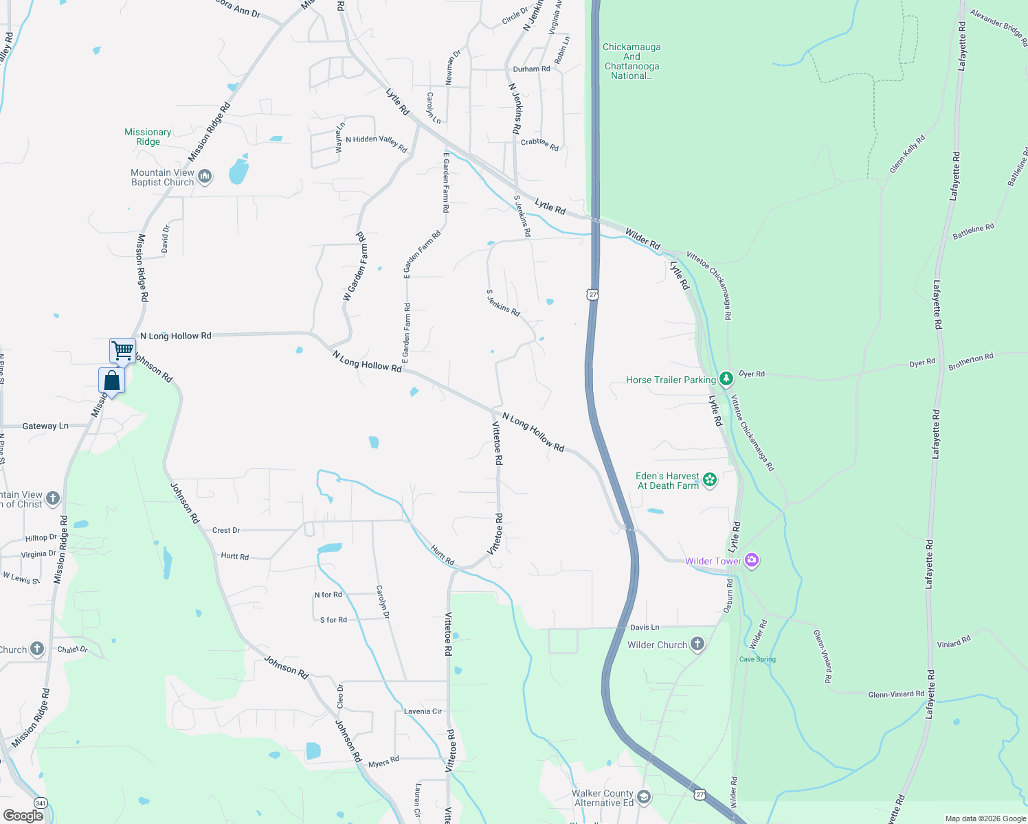 map of restaurants, bars, coffee shops, grocery stores, and more near 990 North Long Hollow Road in Chickamauga