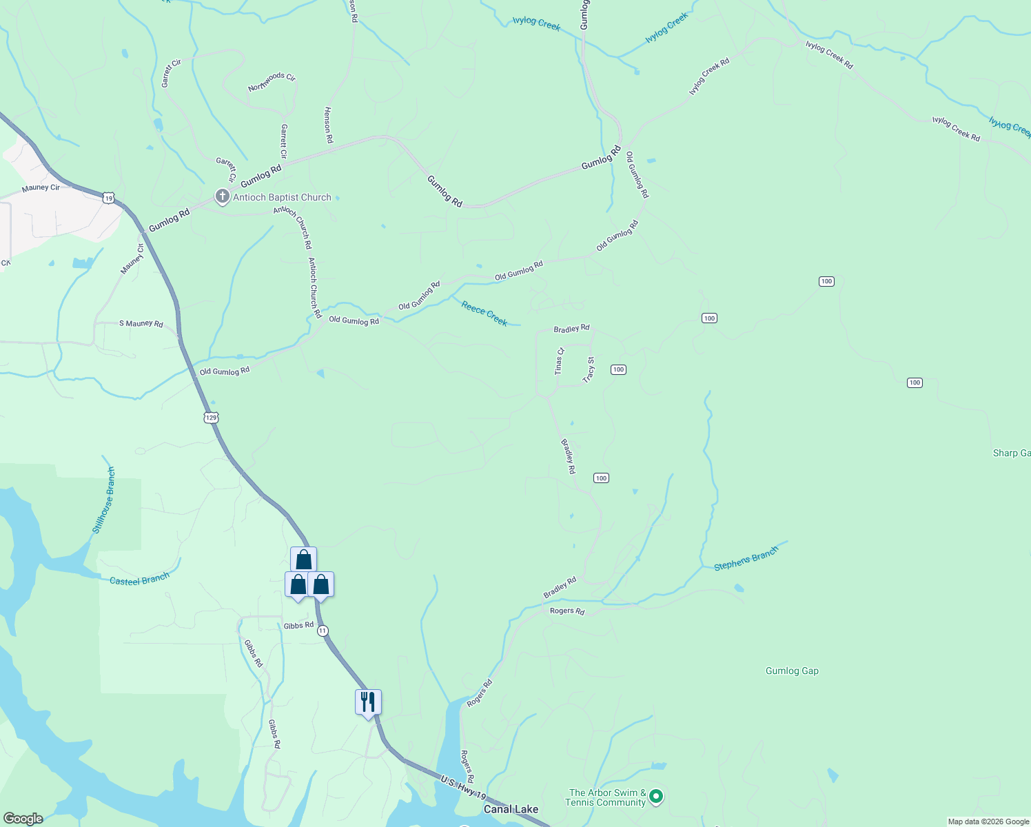 map of restaurants, bars, coffee shops, grocery stores, and more near 2495 Bradley Road in Young Harris