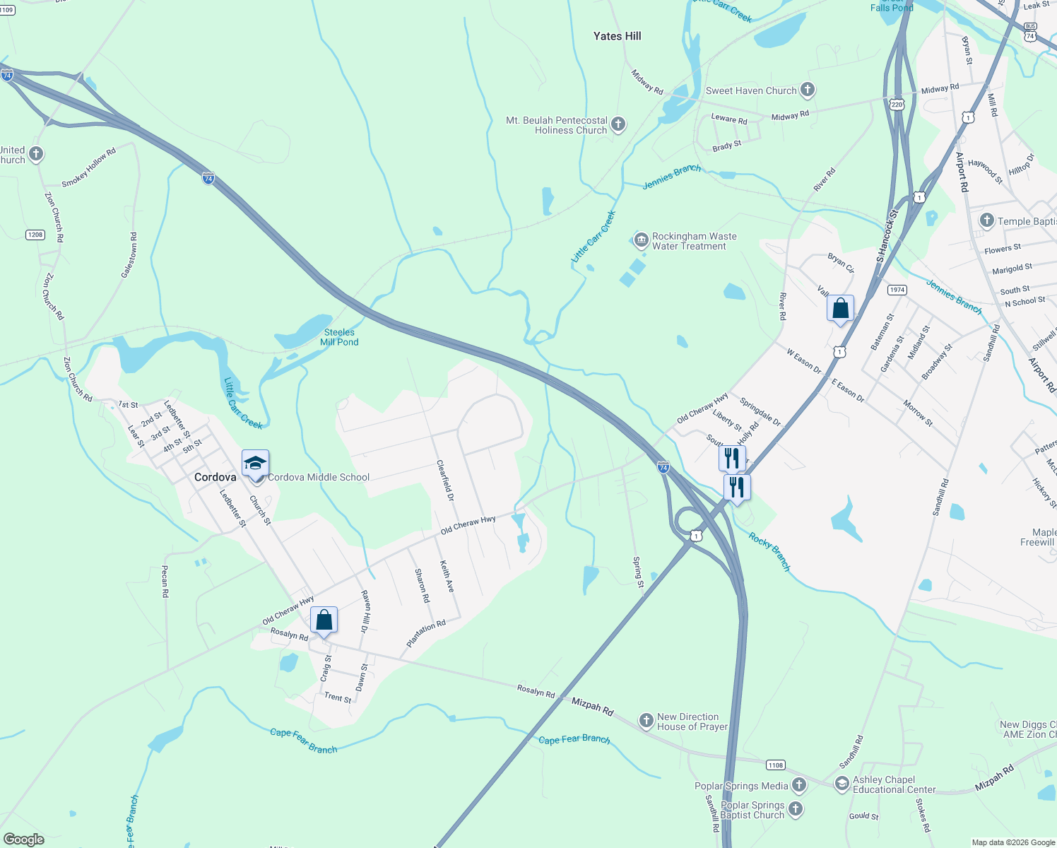 map of restaurants, bars, coffee shops, grocery stores, and more near 237 Country Canyon Drive in Rockingham