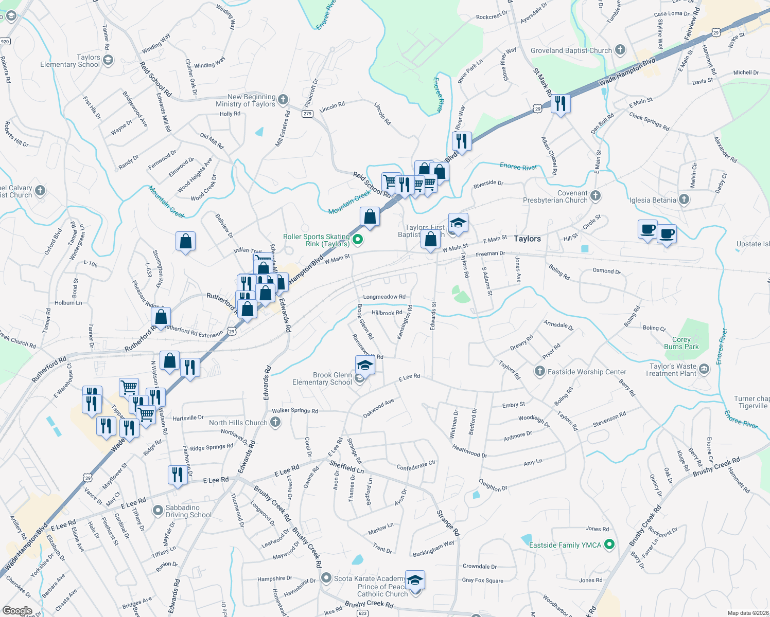 map of restaurants, bars, coffee shops, grocery stores, and more near 102 Hillbrook Road in Taylors