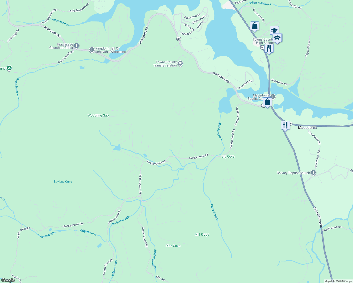 map of restaurants, bars, coffee shops, grocery stores, and more near 2351 Haven Heights Road in Hiawassee