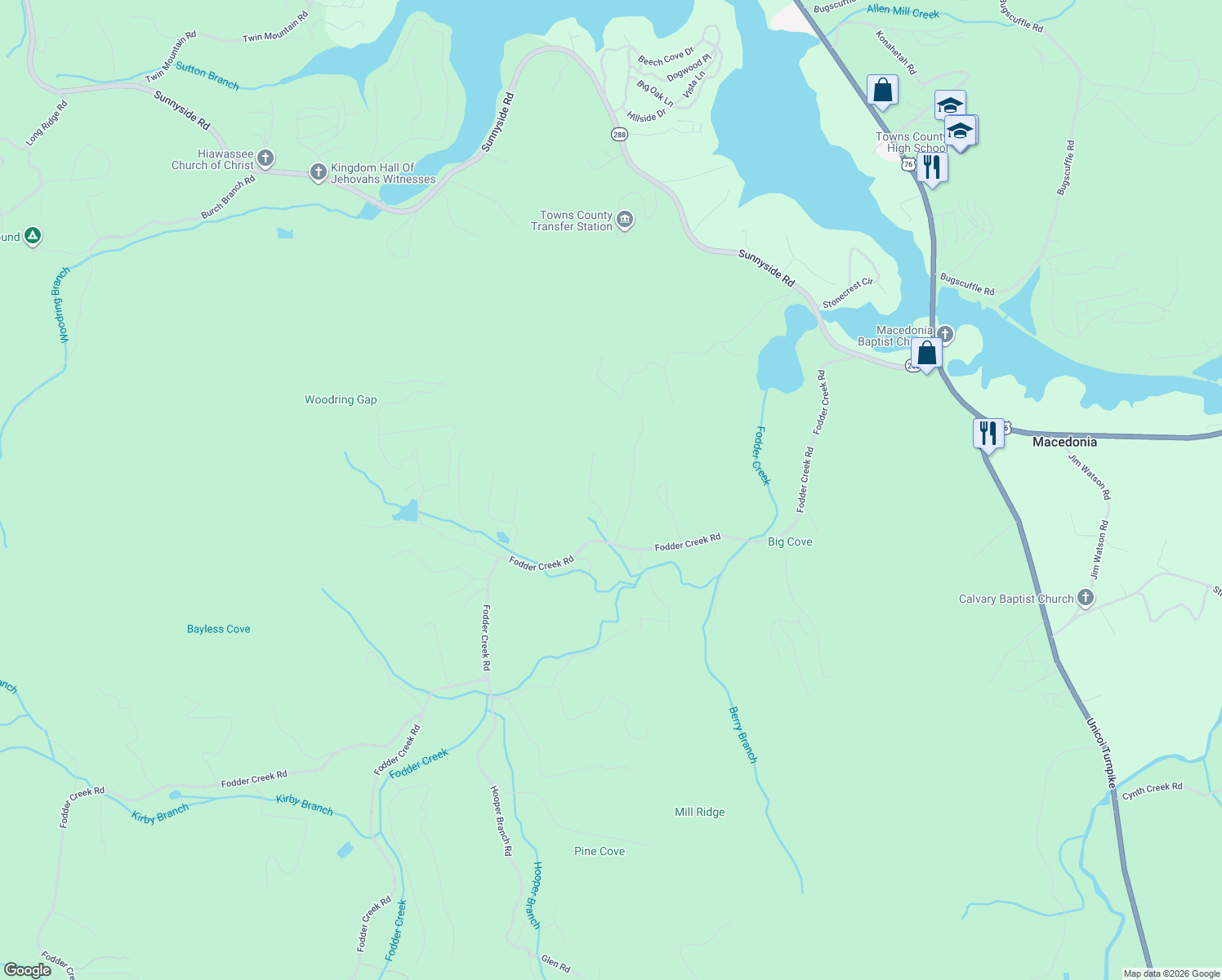 map of restaurants, bars, coffee shops, grocery stores, and more near 2351 Haven Heights Road in Hiawassee