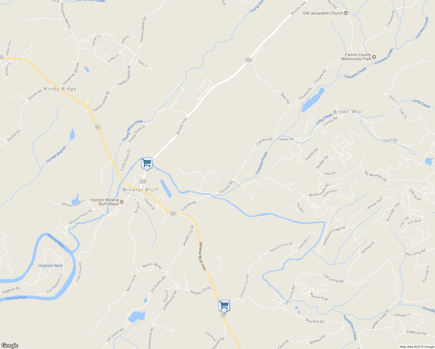 map of restaurants, bars, coffee shops, grocery stores, and more near 138 Nick and Shacks Boulevard in Mineral Bluff
