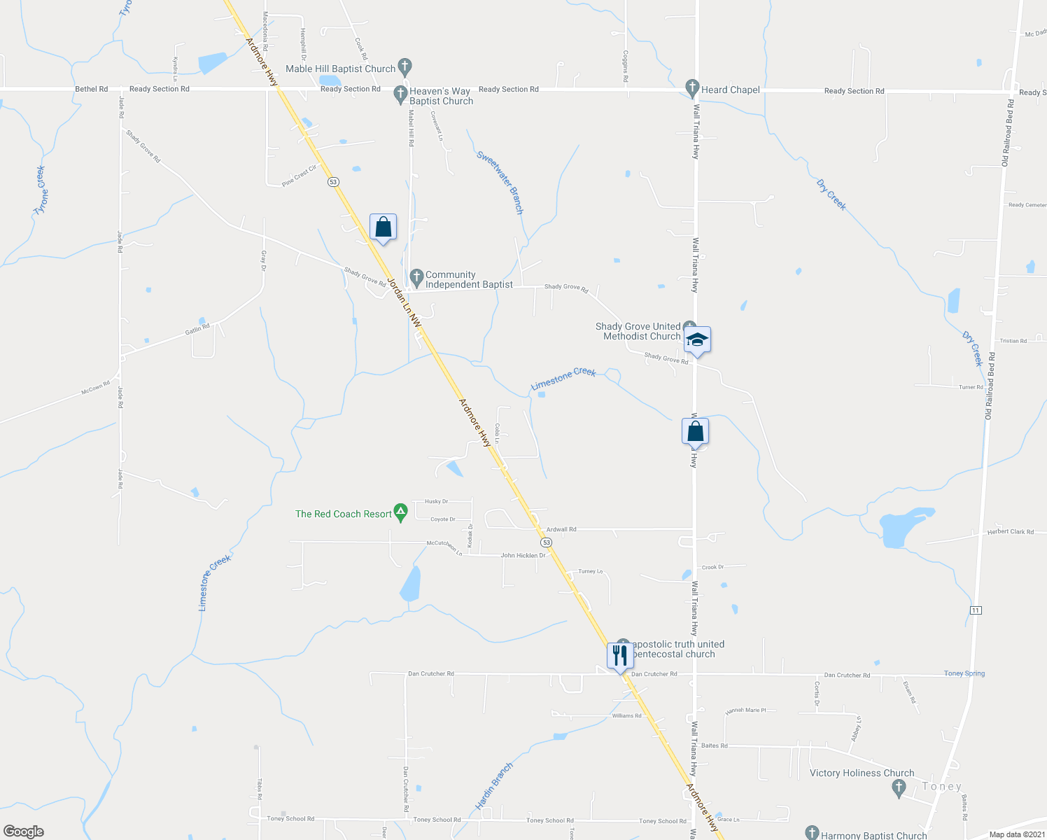 map of restaurants, bars, coffee shops, grocery stores, and more near 214 Shady Hill Circle in Toney