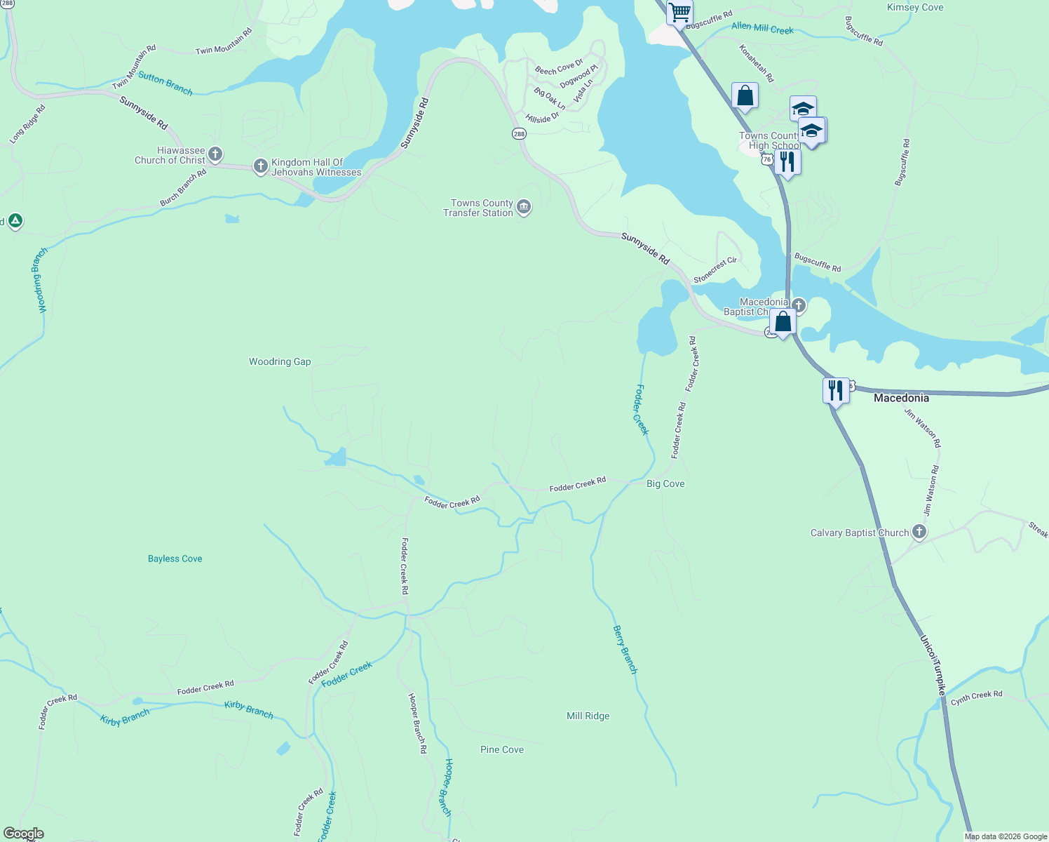 map of restaurants, bars, coffee shops, grocery stores, and more near 2357 Haven Heights Road in Hiawassee