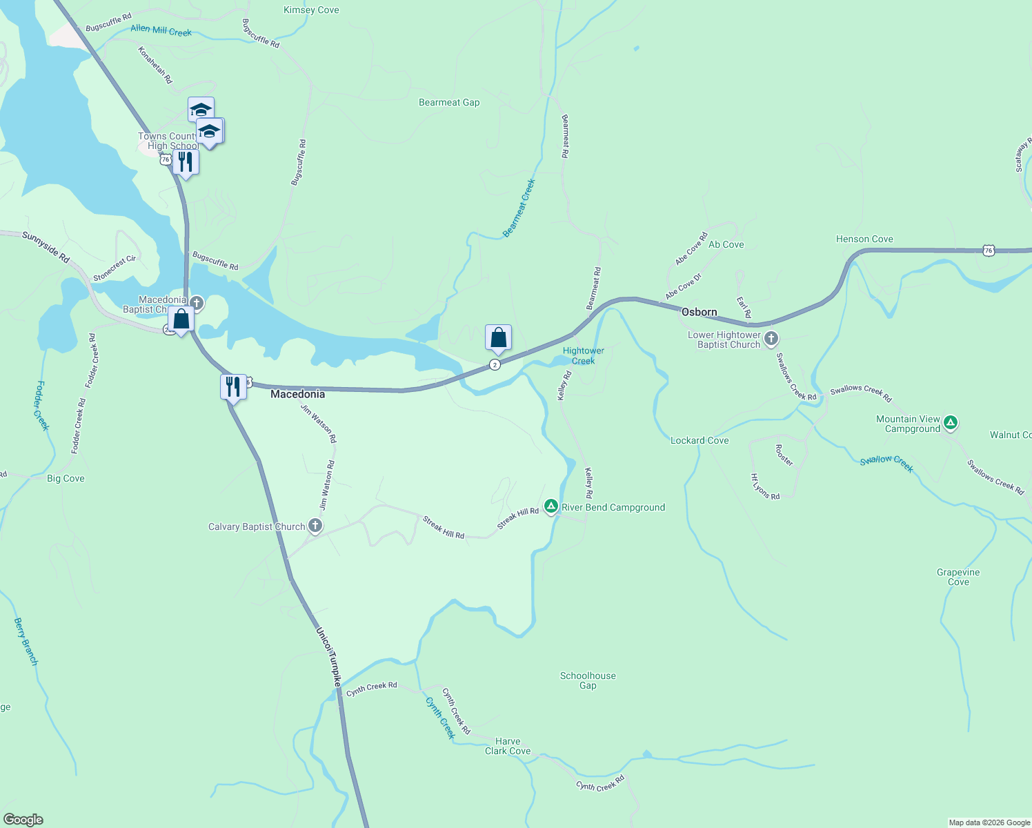 map of restaurants, bars, coffee shops, grocery stores, and more near 2557 Dune Road in Hiawassee