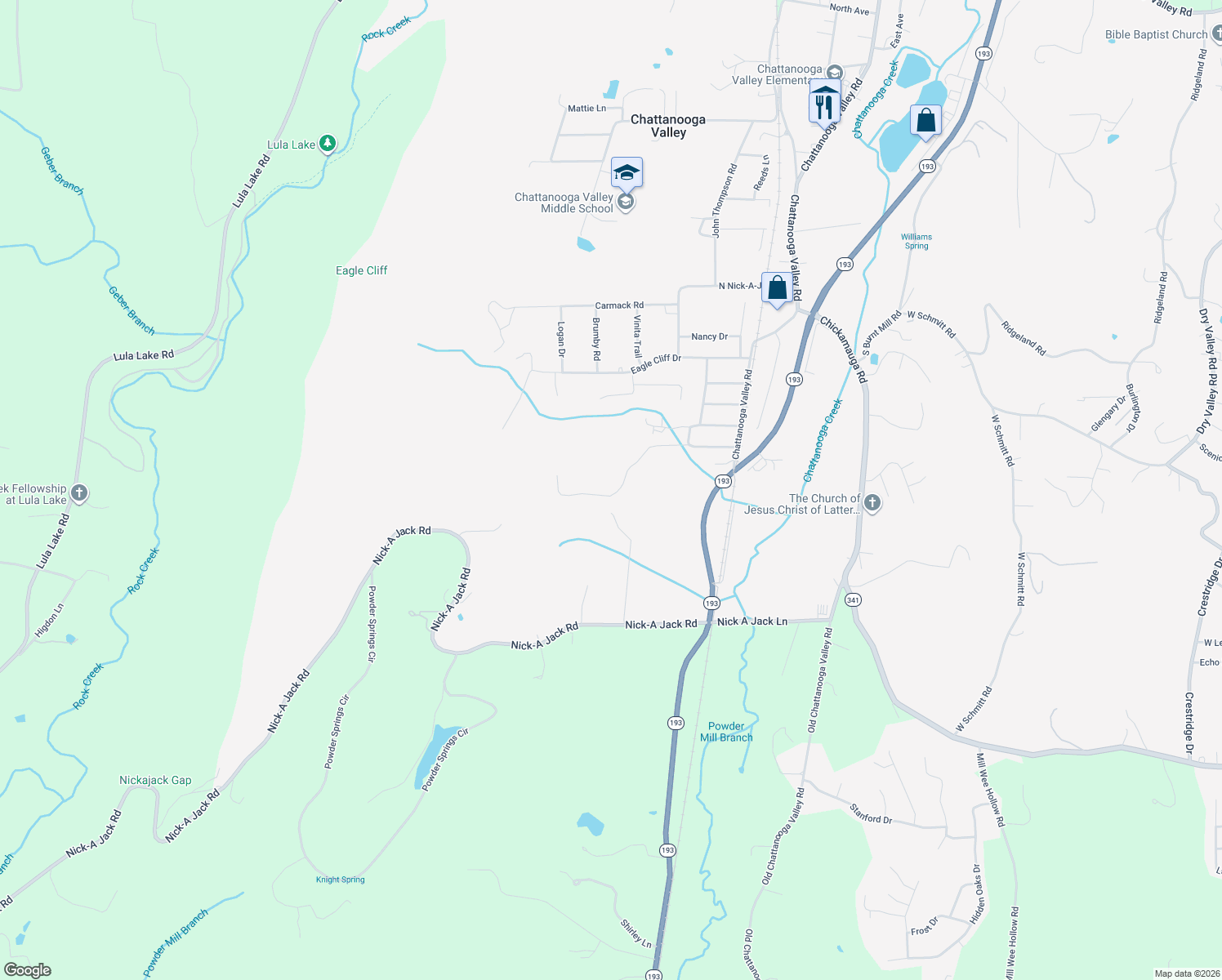 map of restaurants, bars, coffee shops, grocery stores, and more near 338 Turkey Run in Chattanooga Valley