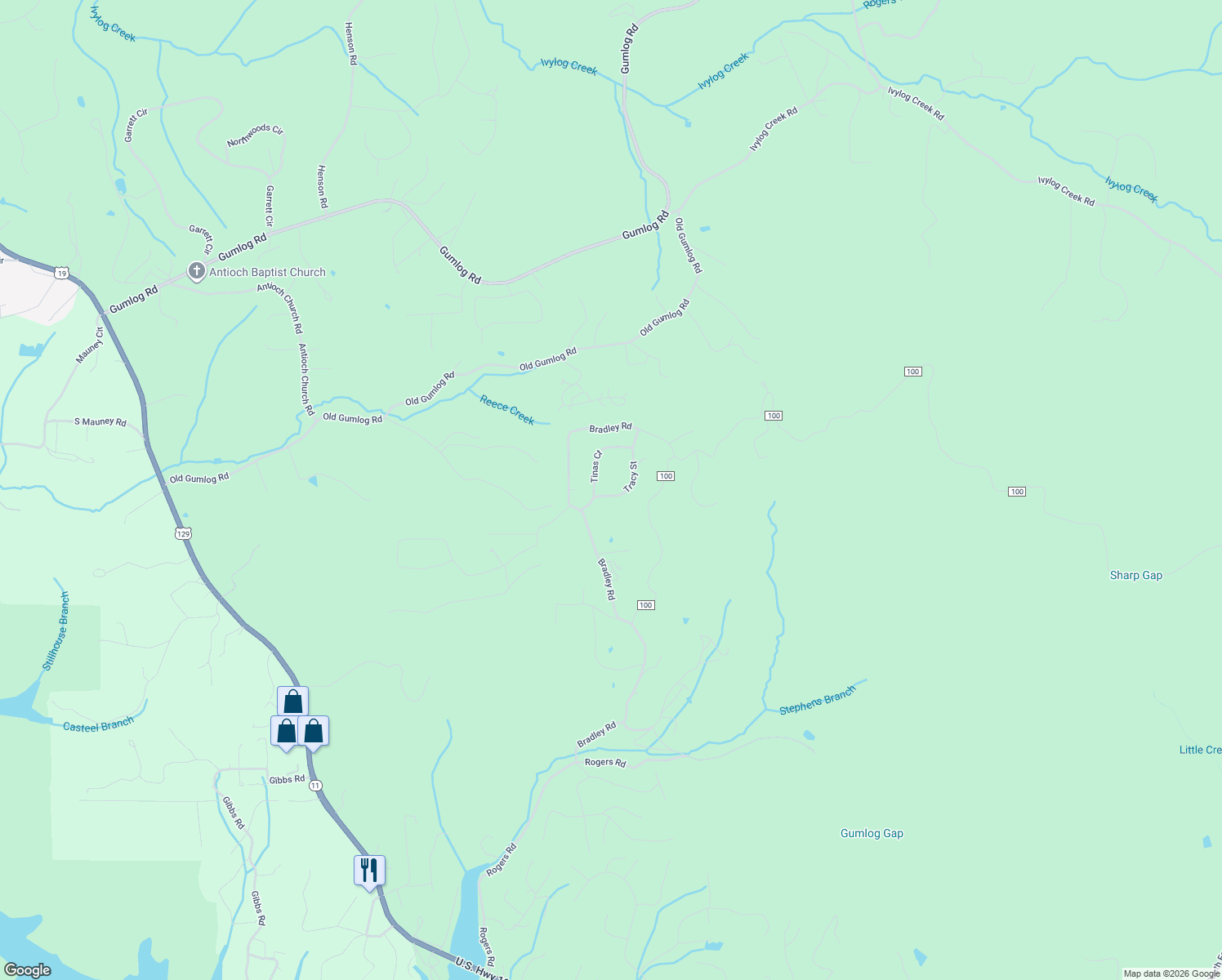 map of restaurants, bars, coffee shops, grocery stores, and more near 2603 Tracy Street in Blairsville