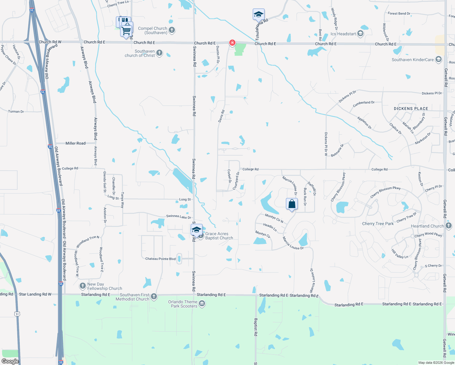 map of restaurants, bars, coffee shops, grocery stores, and more near 3887 Corbel Drive in Southaven