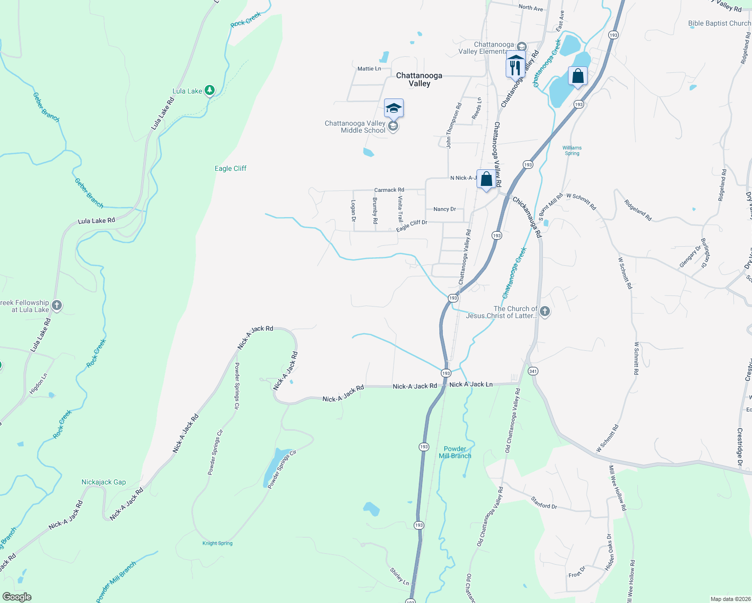 map of restaurants, bars, coffee shops, grocery stores, and more near 338 Turkey Run in Chattanooga Valley