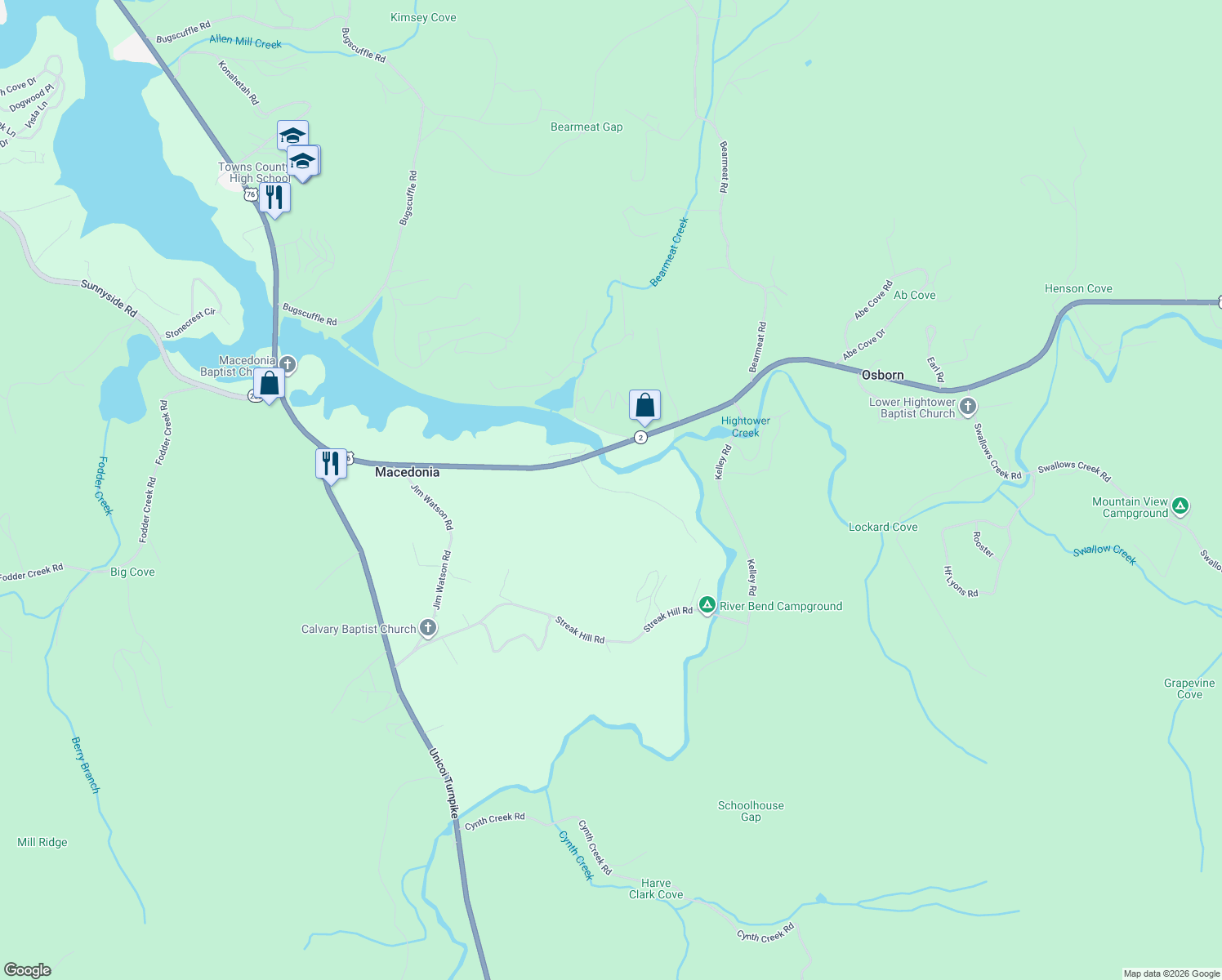 map of restaurants, bars, coffee shops, grocery stores, and more near 2557 Dune Road in Hiawassee