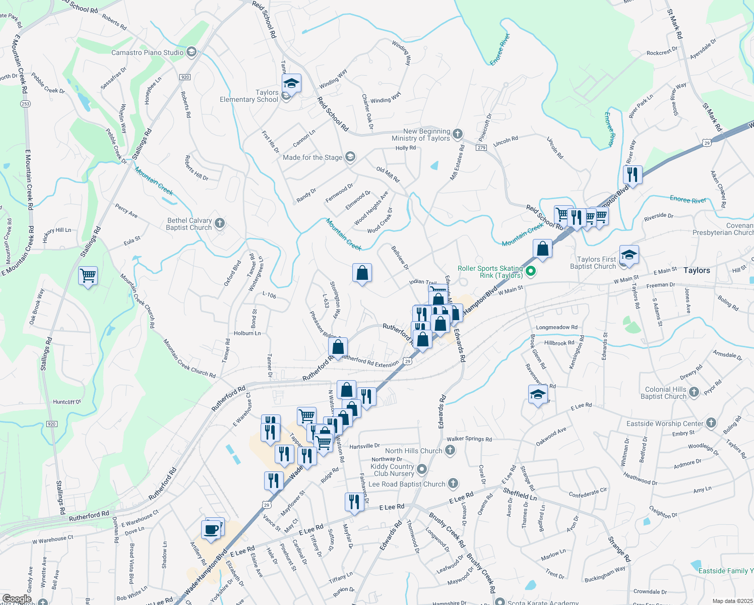 map of restaurants, bars, coffee shops, grocery stores, and more near 417 Indian Trail in Taylors