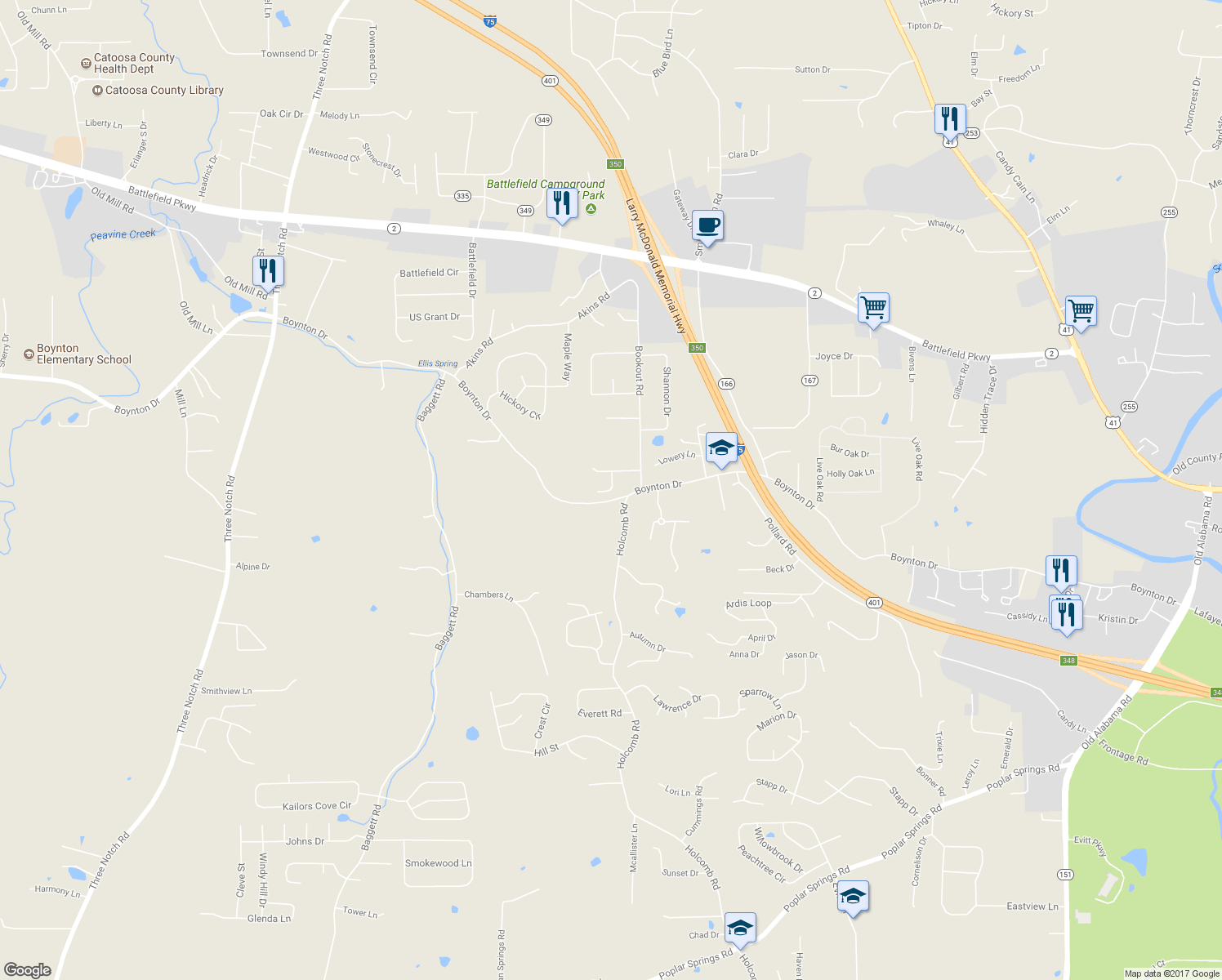 map of restaurants, bars, coffee shops, grocery stores, and more near 98 Vicki Lane in Ringgold