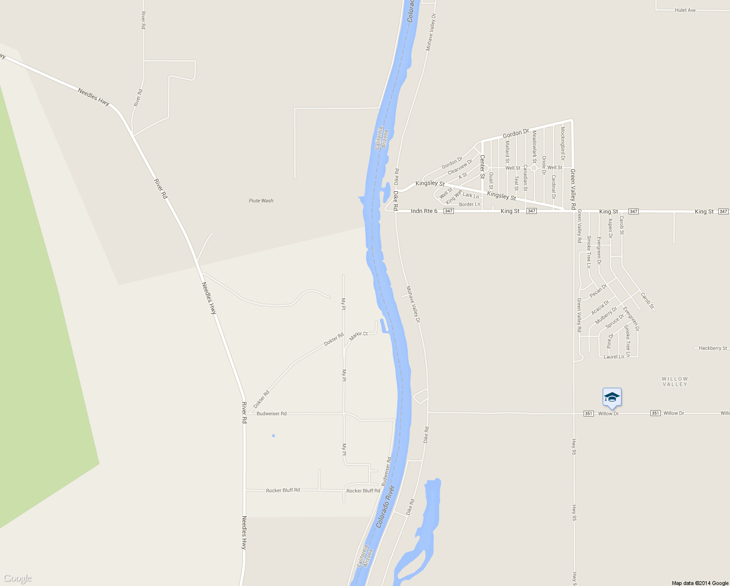 map of restaurants, bars, coffee shops, grocery stores, and more near My Place Road in Needles