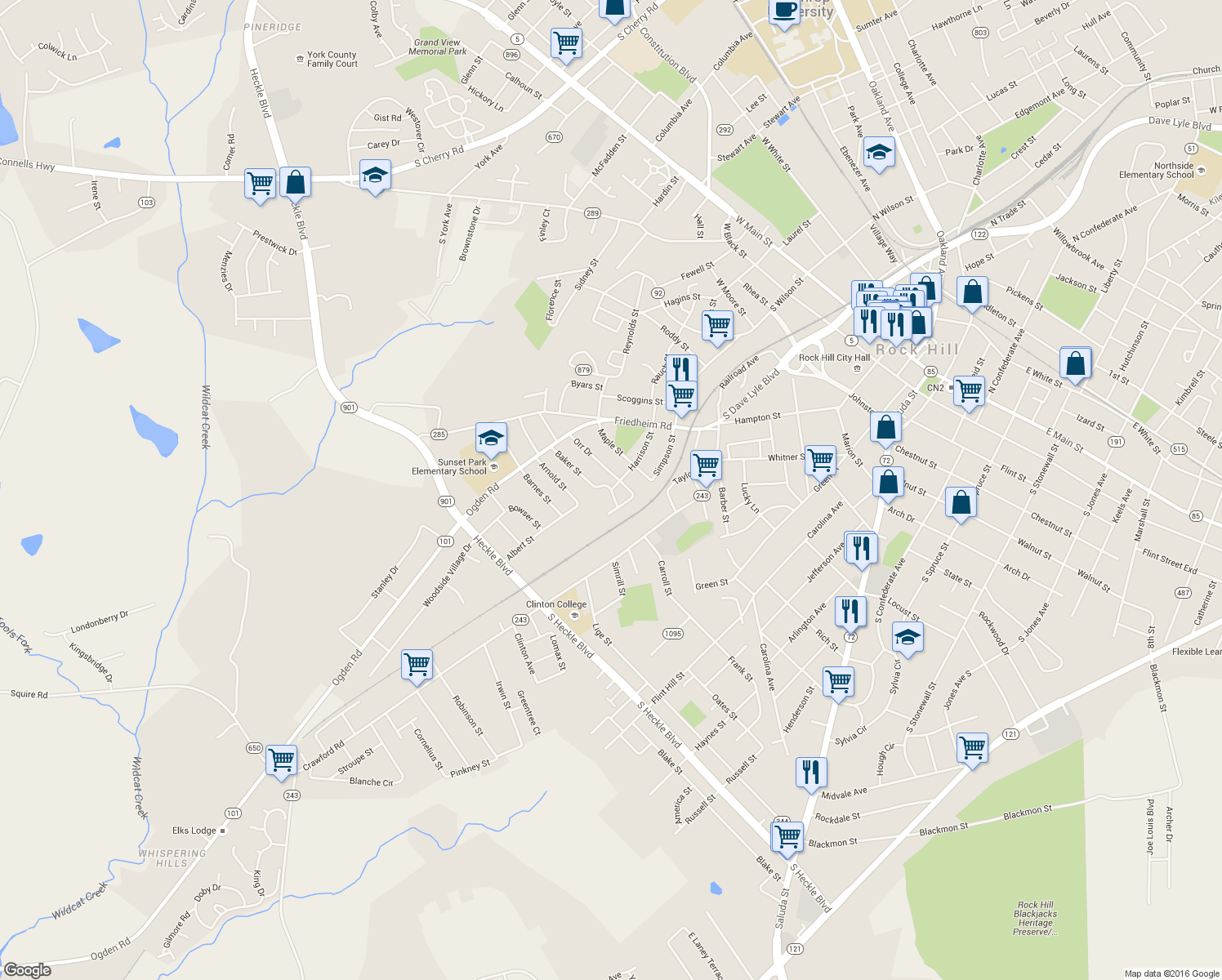 map of restaurants, bars, coffee shops, grocery stores, and more near 245 Baker Street in Rock Hill