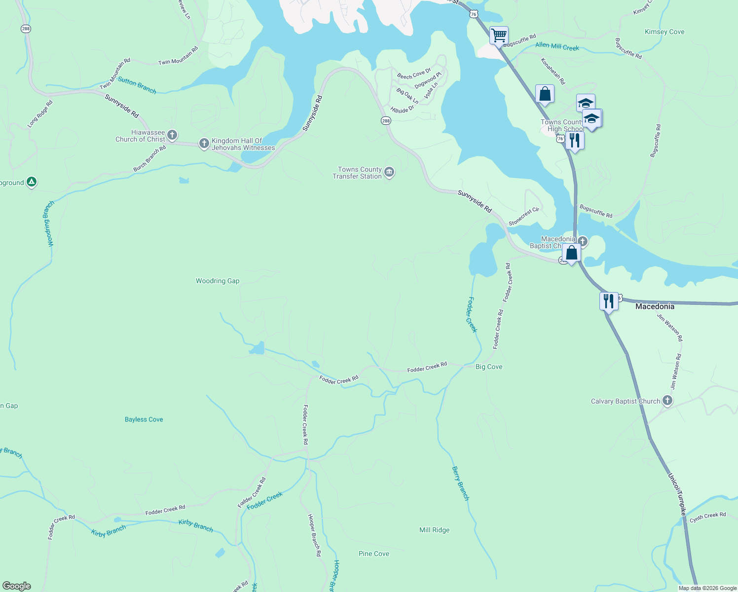 map of restaurants, bars, coffee shops, grocery stores, and more near 2297 Lovingood Road in Hiawassee