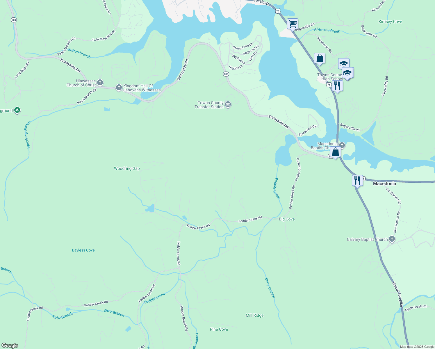 map of restaurants, bars, coffee shops, grocery stores, and more near 2297 Lovingood Road in Hiawassee