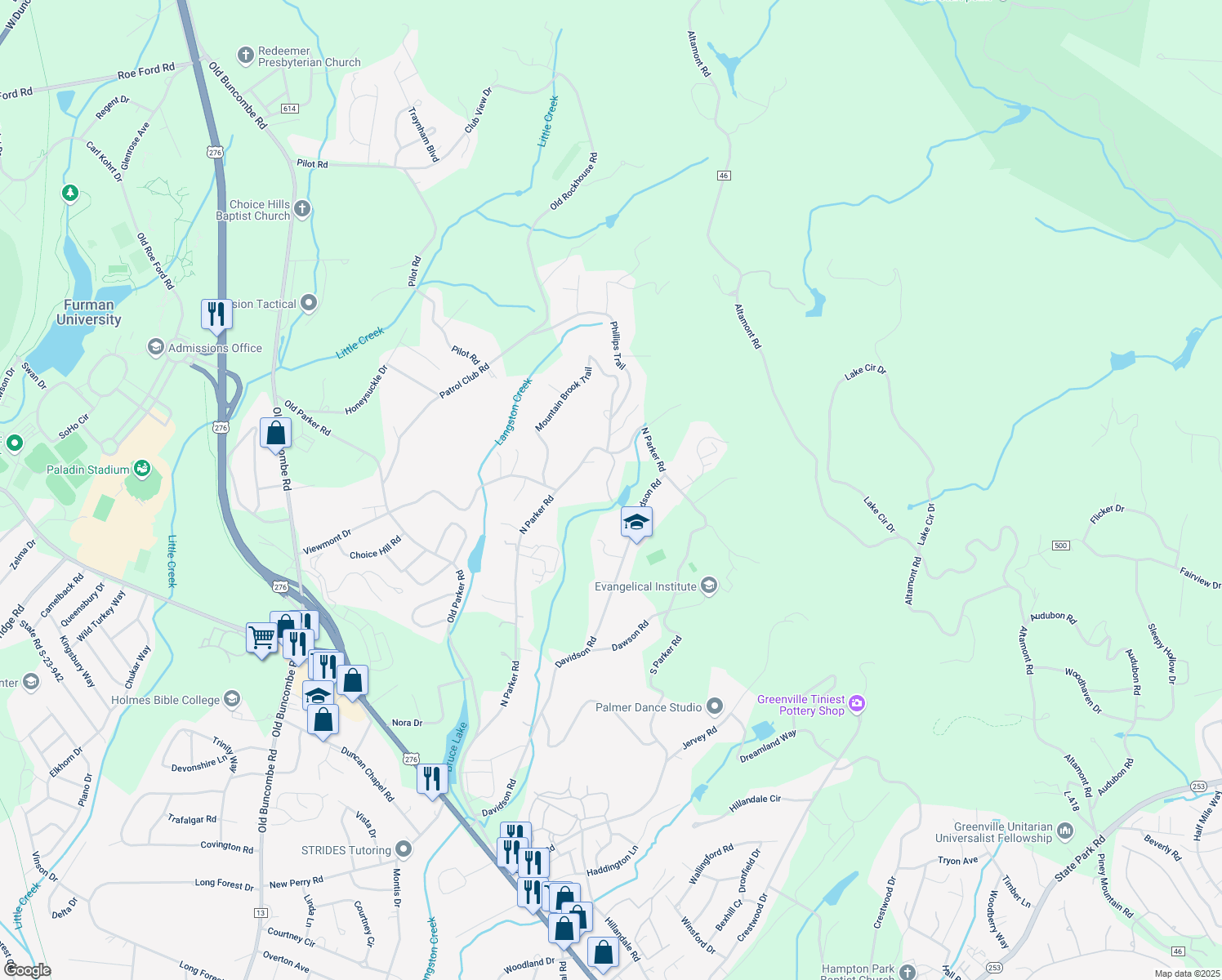 map of restaurants, bars, coffee shops, grocery stores, and more near 1111 North Parker Road in Greenville