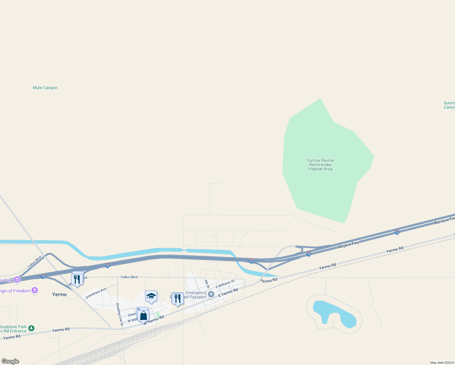 map of restaurants, bars, coffee shops, grocery stores, and more near in Yermo