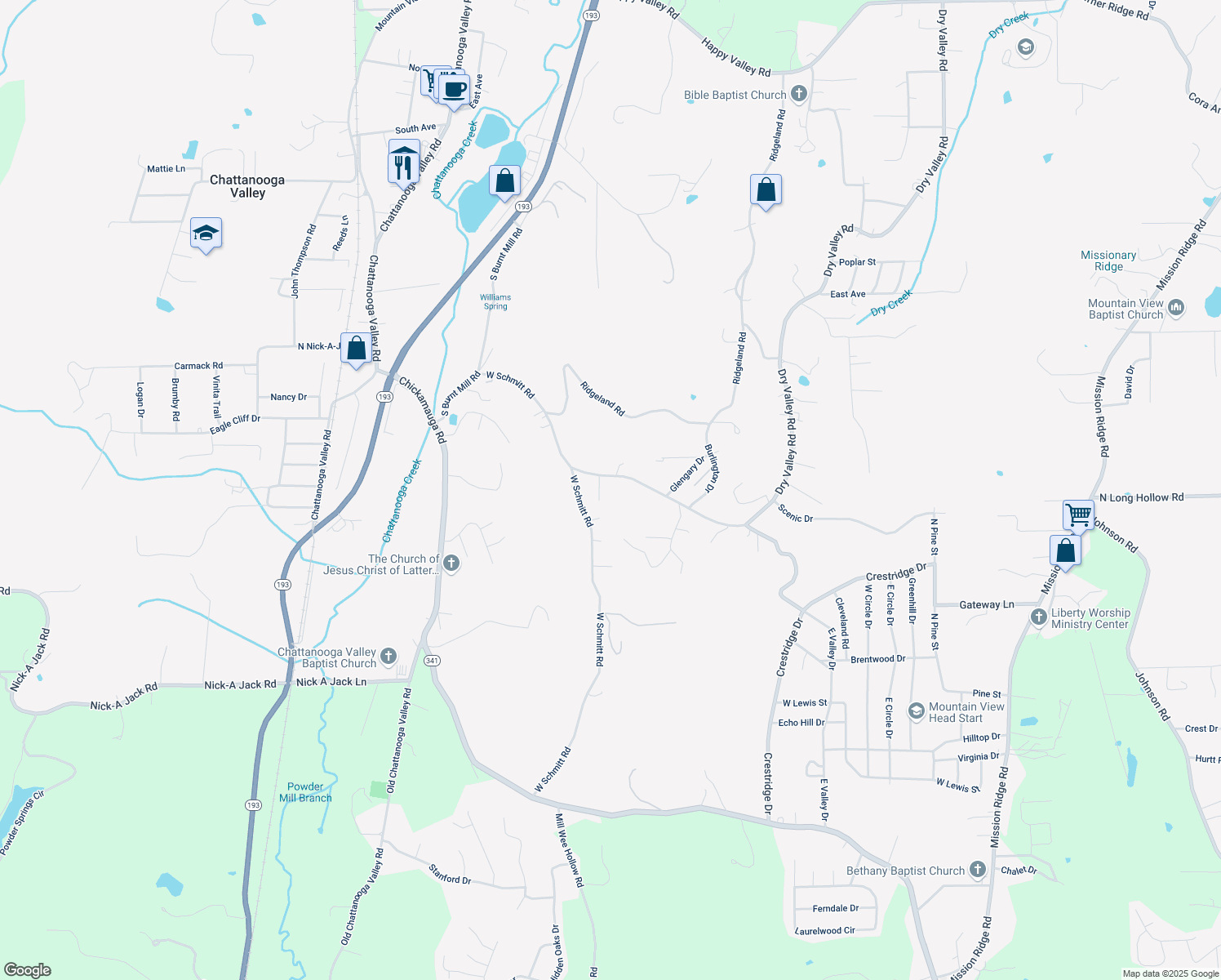 map of restaurants, bars, coffee shops, grocery stores, and more near 2303 Dry Valley Road in Rossville