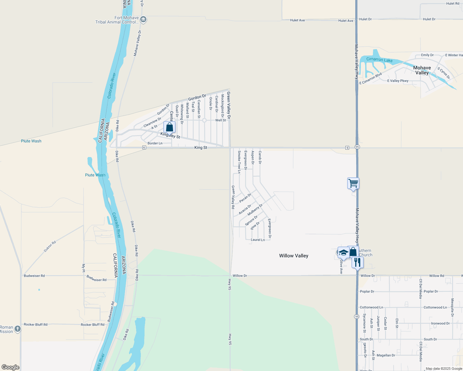 map of restaurants, bars, coffee shops, grocery stores, and more near 8151 Green Valley Rd in Mohave Valley