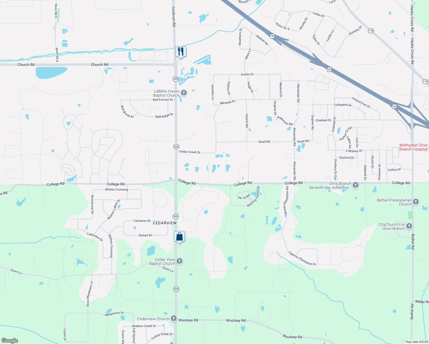 map of restaurants, bars, coffee shops, grocery stores, and more near 9350 College Road in Olive Branch