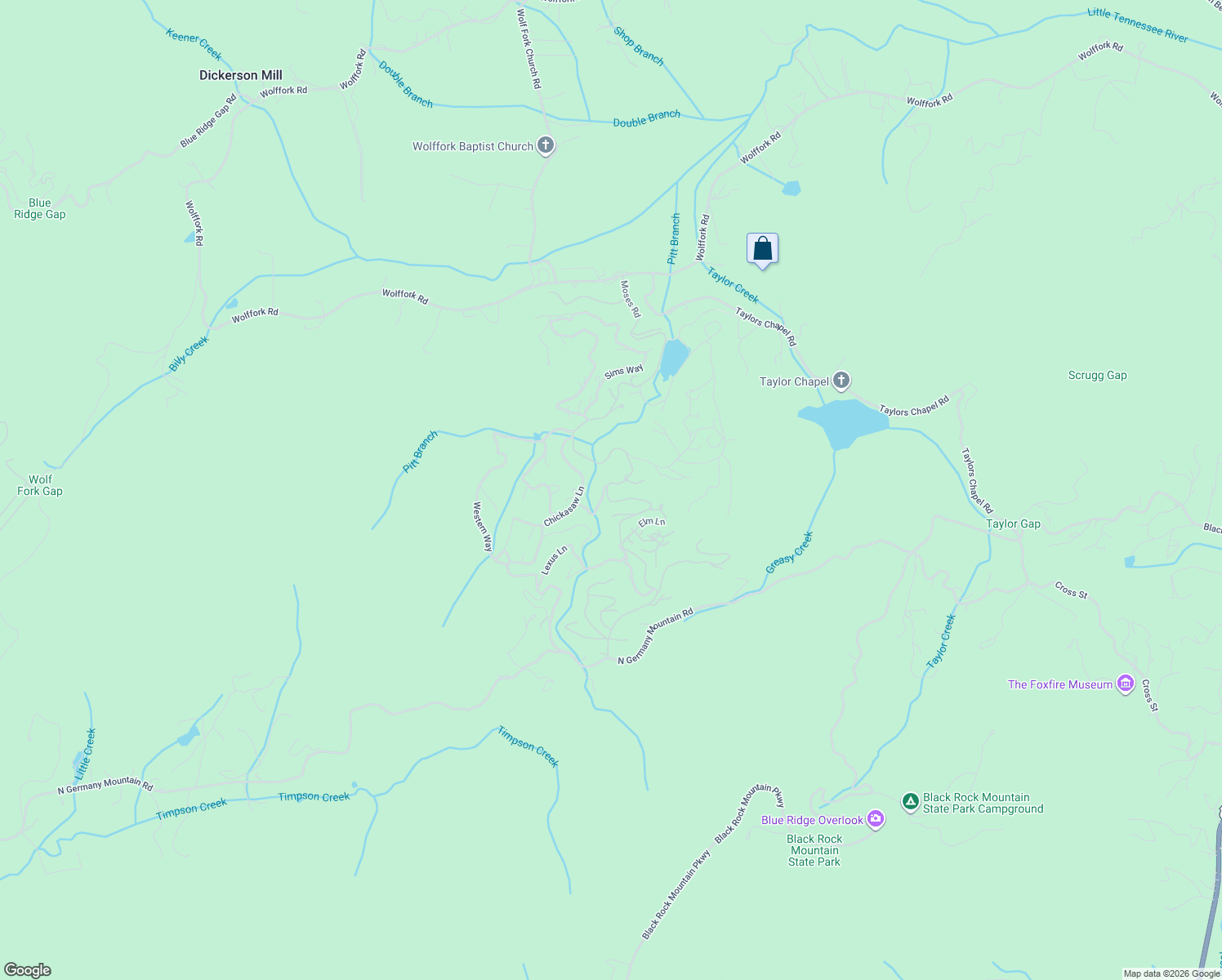 map of restaurants, bars, coffee shops, grocery stores, and more near 1197 Moses Road in Rabun Gap