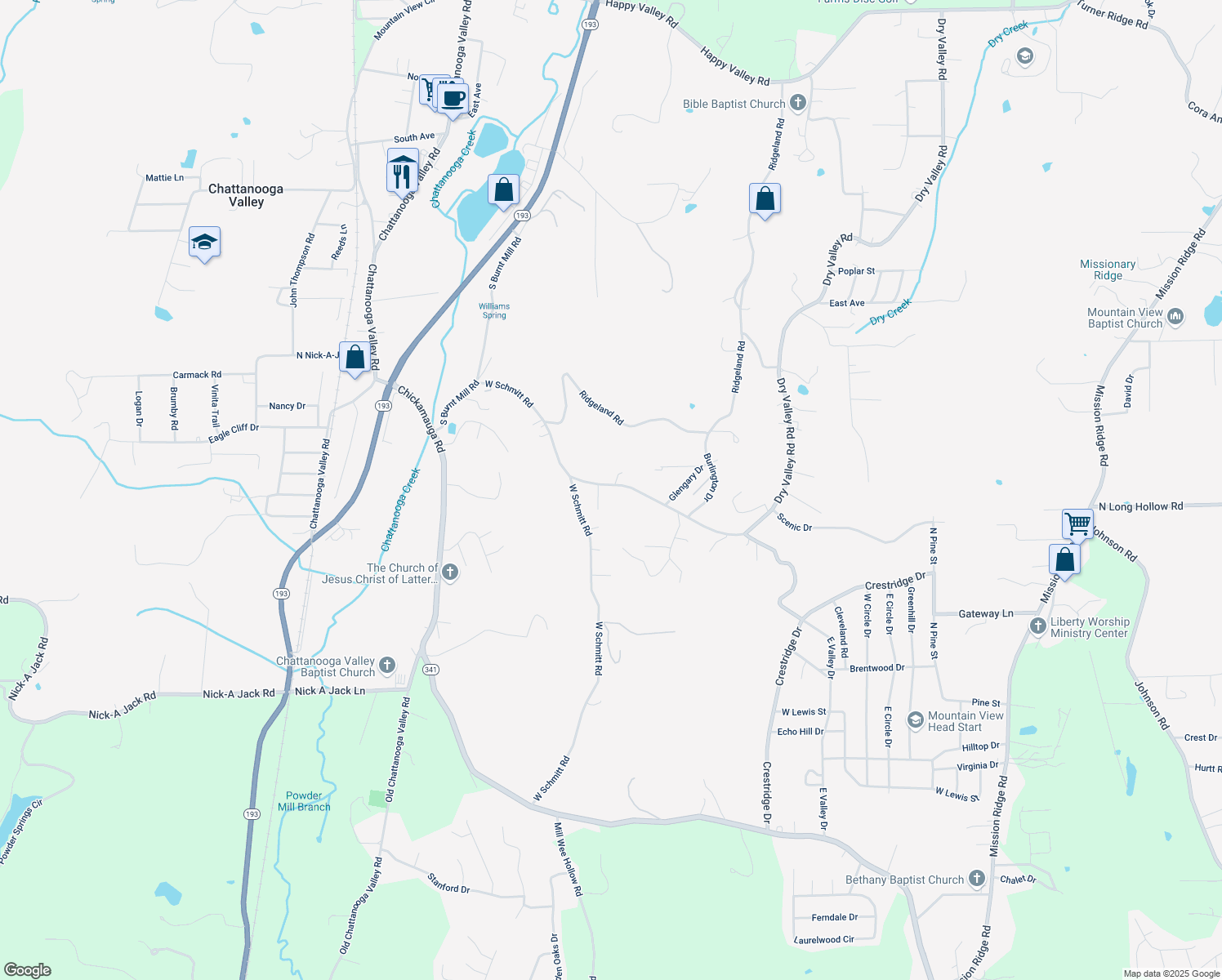 map of restaurants, bars, coffee shops, grocery stores, and more near 2303 Dry Valley Road in Rossville