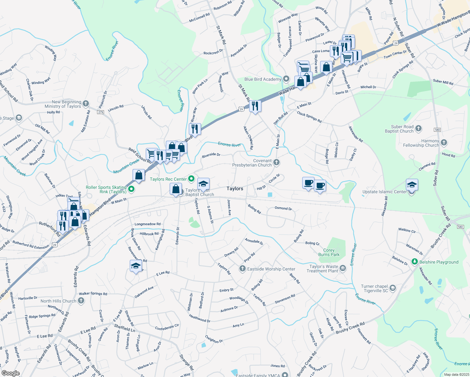 map of restaurants, bars, coffee shops, grocery stores, and more near in Taylors