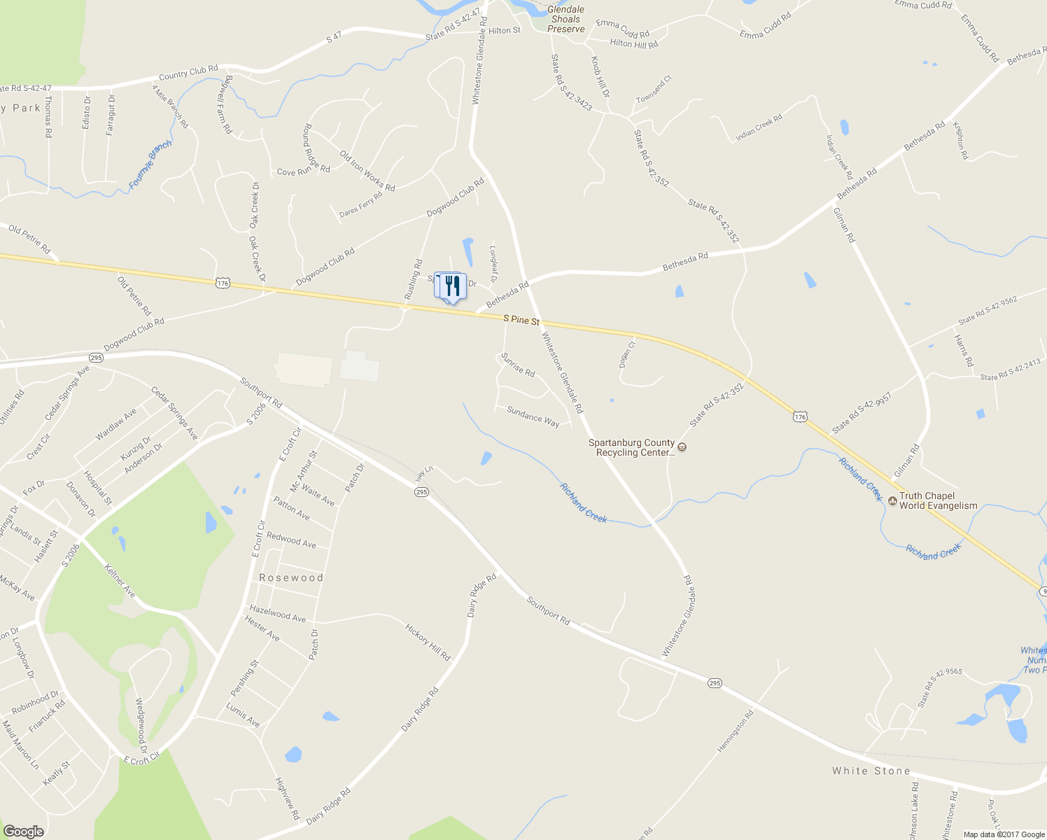 map of restaurants, bars, coffee shops, grocery stores, and more near 308 Sundance Way in Spartanburg