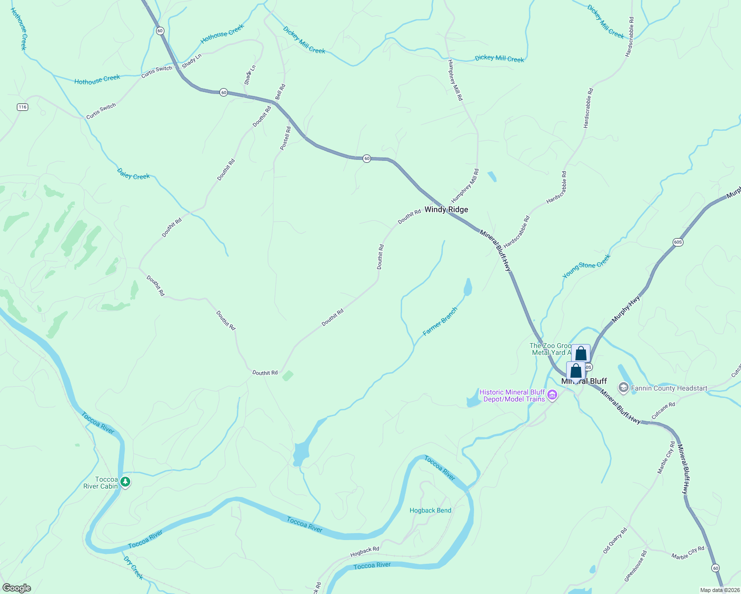 map of restaurants, bars, coffee shops, grocery stores, and more near 2585 Douthit Road in Mineral Bluff