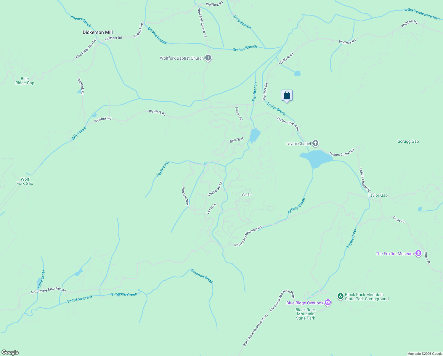 map of restaurants, bars, coffee shops, grocery stores, and more near 1197 Moses Road in Rabun Gap