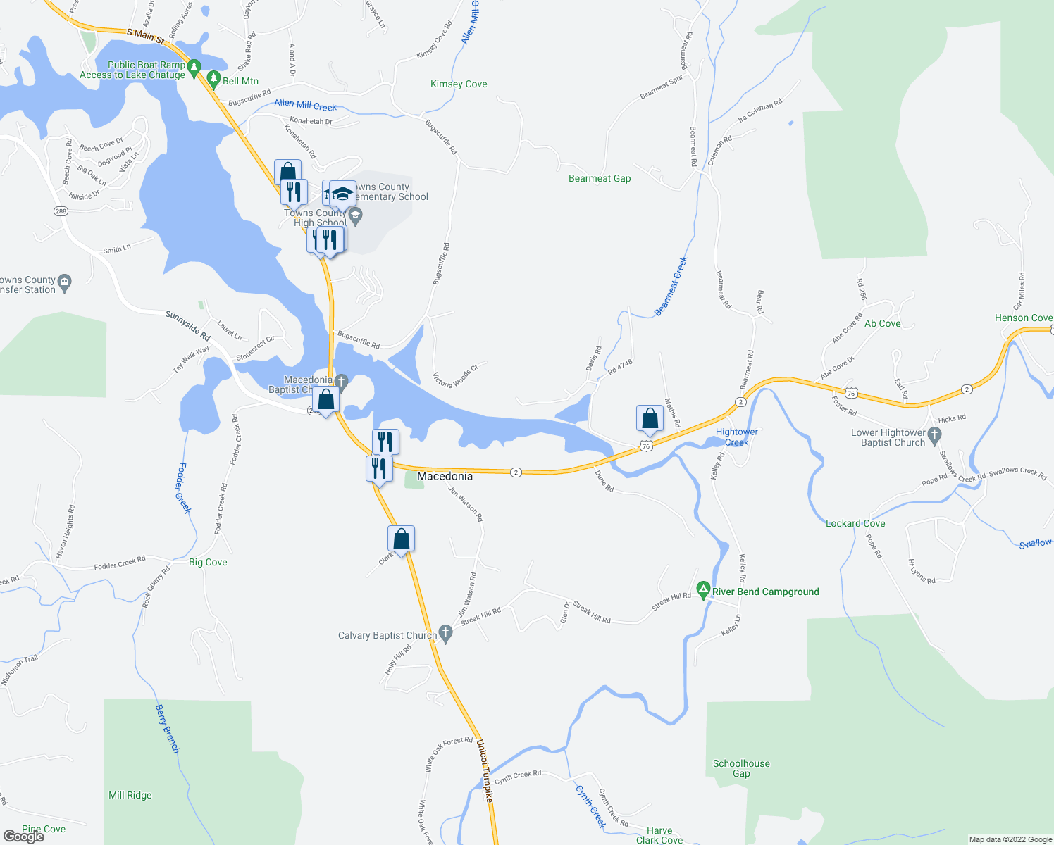 map of restaurants, bars, coffee shops, grocery stores, and more near in Hiawassee