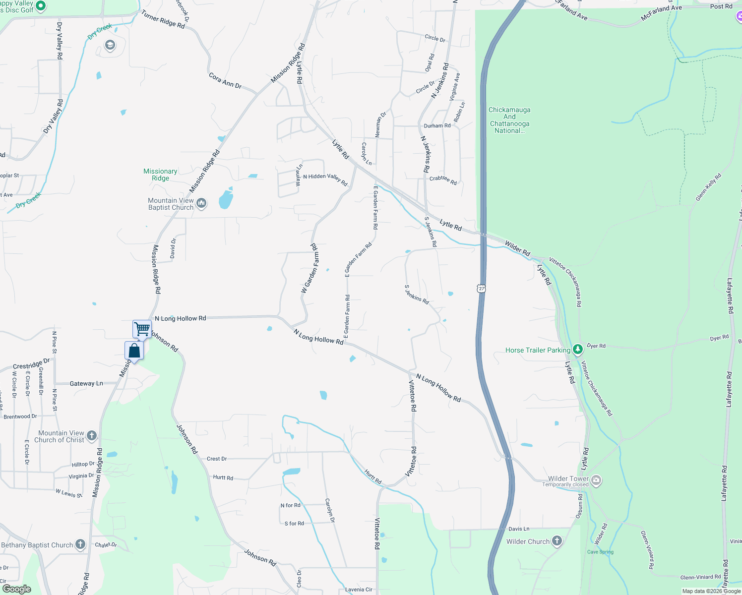 map of restaurants, bars, coffee shops, grocery stores, and more near 614 East Garden Farm Road in Rossville