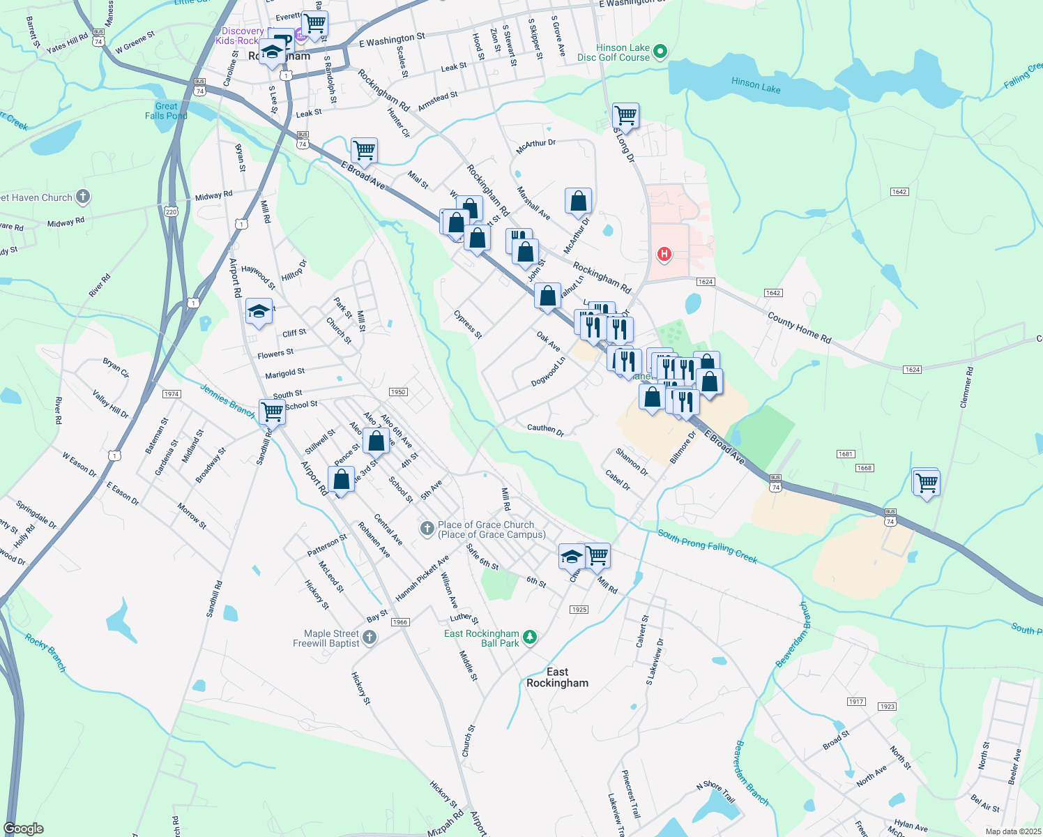 map of restaurants, bars, coffee shops, grocery stores, and more near 1382 Cauthen Drive in Rockingham